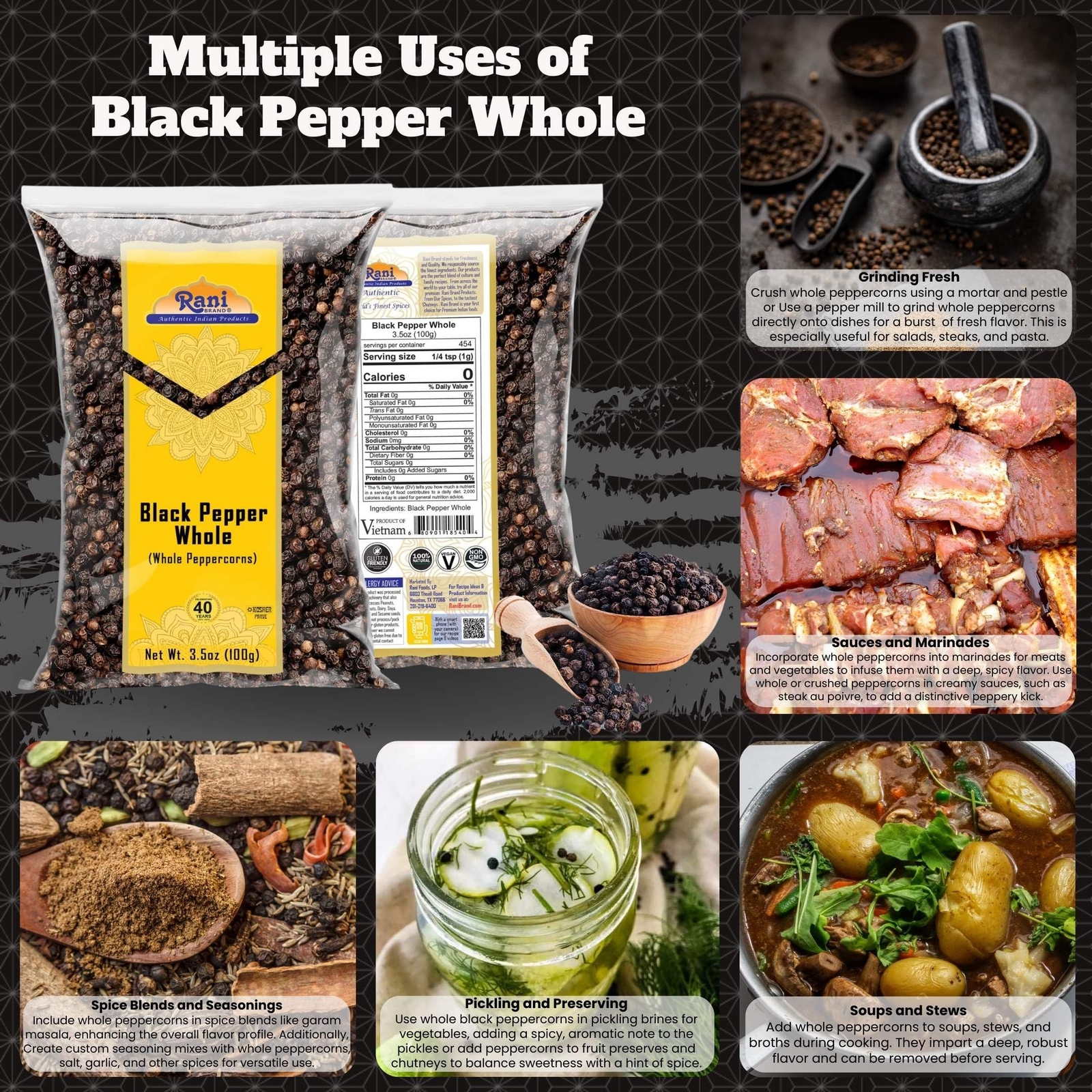 Rani Black Pepper Whole (Peppercorns), Premium Indian MG-1 Grade 3.5oz (100g)
