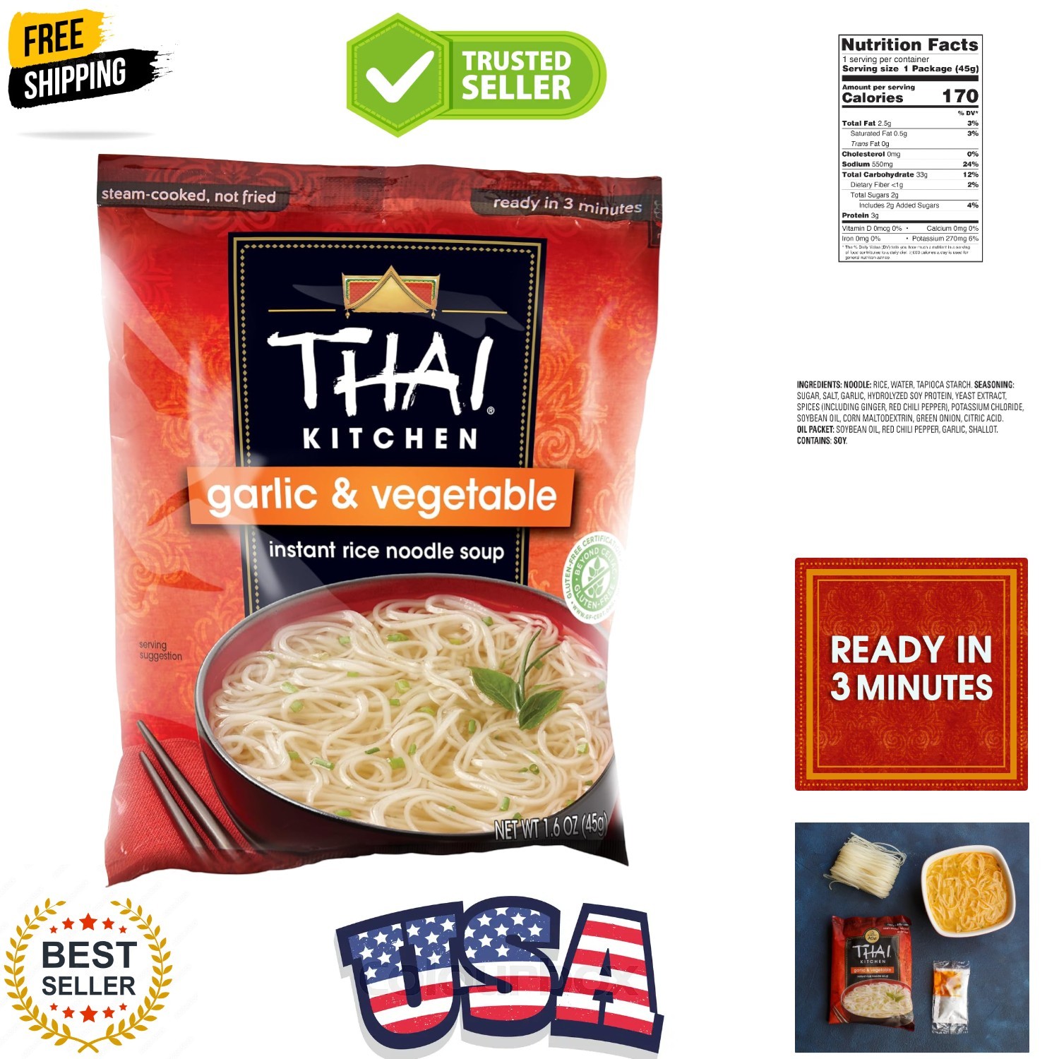 Gluten Free Garlic & Vegetable Instant Rice Noodle Soup, 1.6 oz