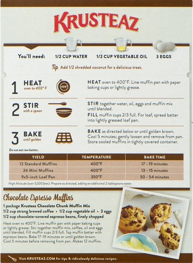 KRUSTEAZ Chocolate CHUNK Muffin Mix 18.25 oz Box – 5 PACK