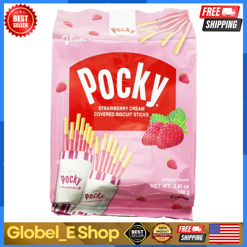 Glico Strawberry Cream Covered Biscuit Sticks, 3.81 Oz, 9 Count