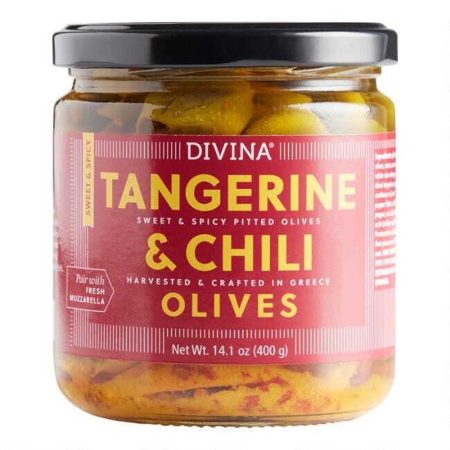 Divina Tangerine & Chili Olives, Case of Six 14.1 Oz Glass Jars