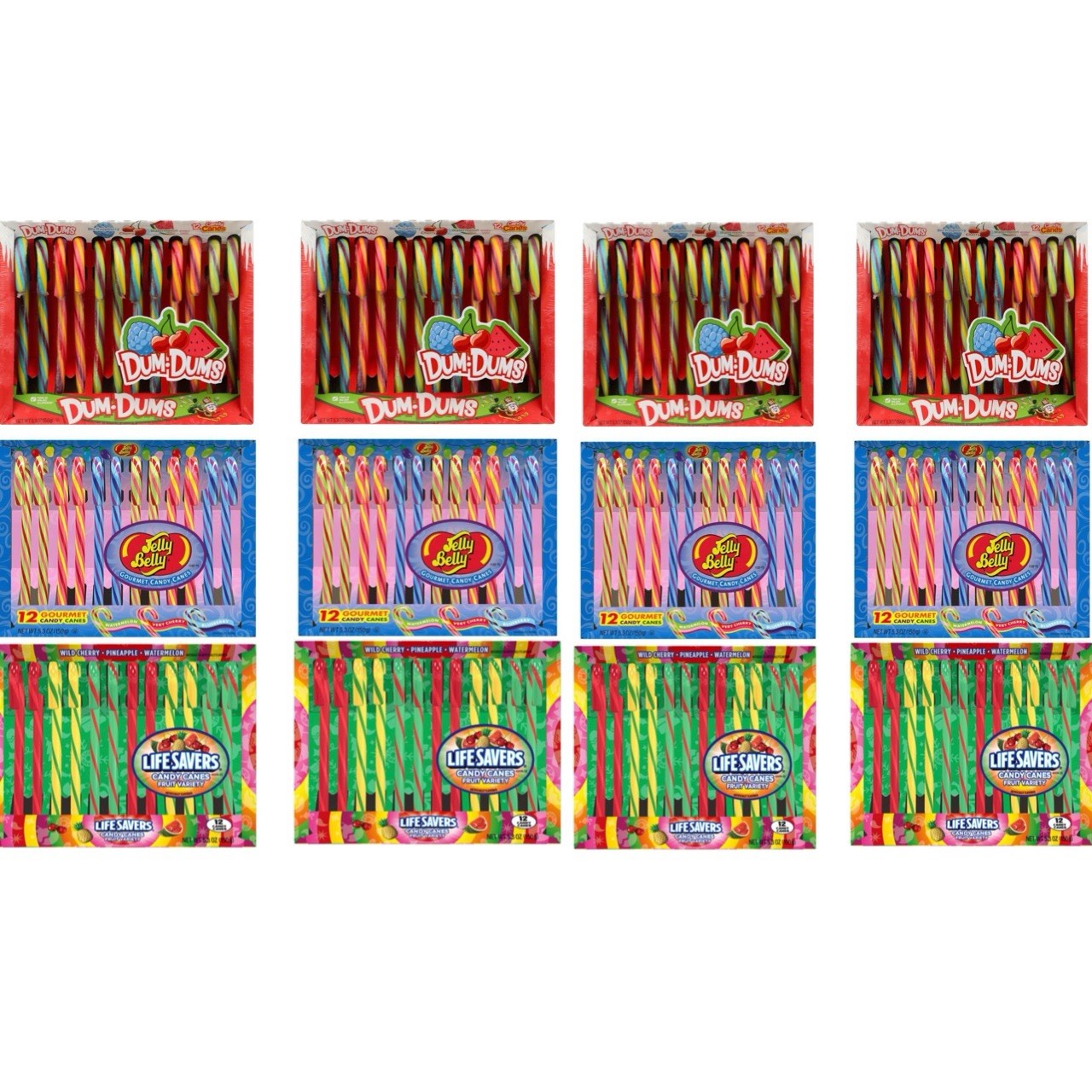 12 Boxes – 144 Candy Canes! – 48 – Lifesavers, 48 – Jelly Belly, & 48 – Dum-Dums