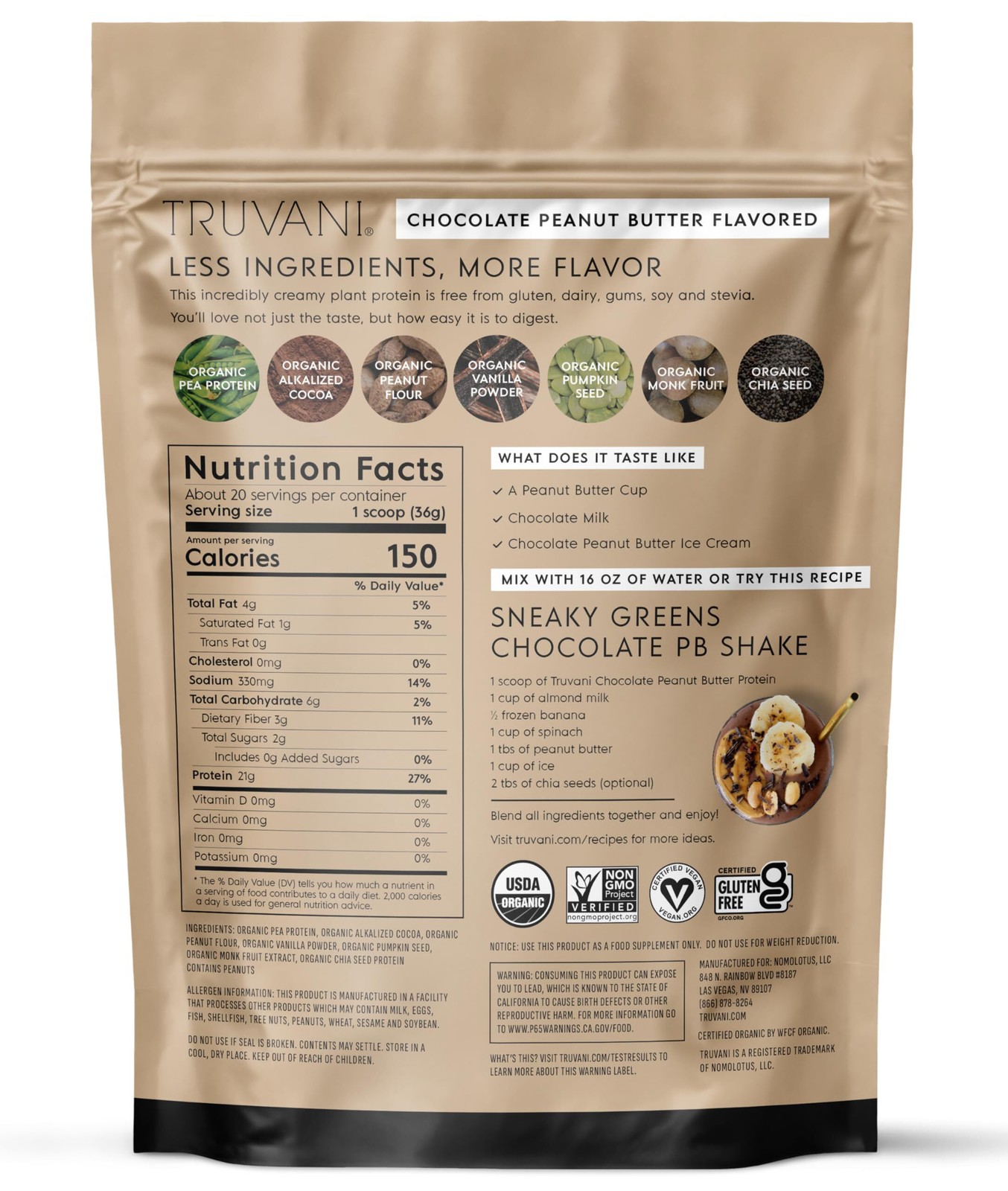 7/27 Truvani Dairy Free Protein Powder | Chocolate Peanut Butter | 20g Organic P