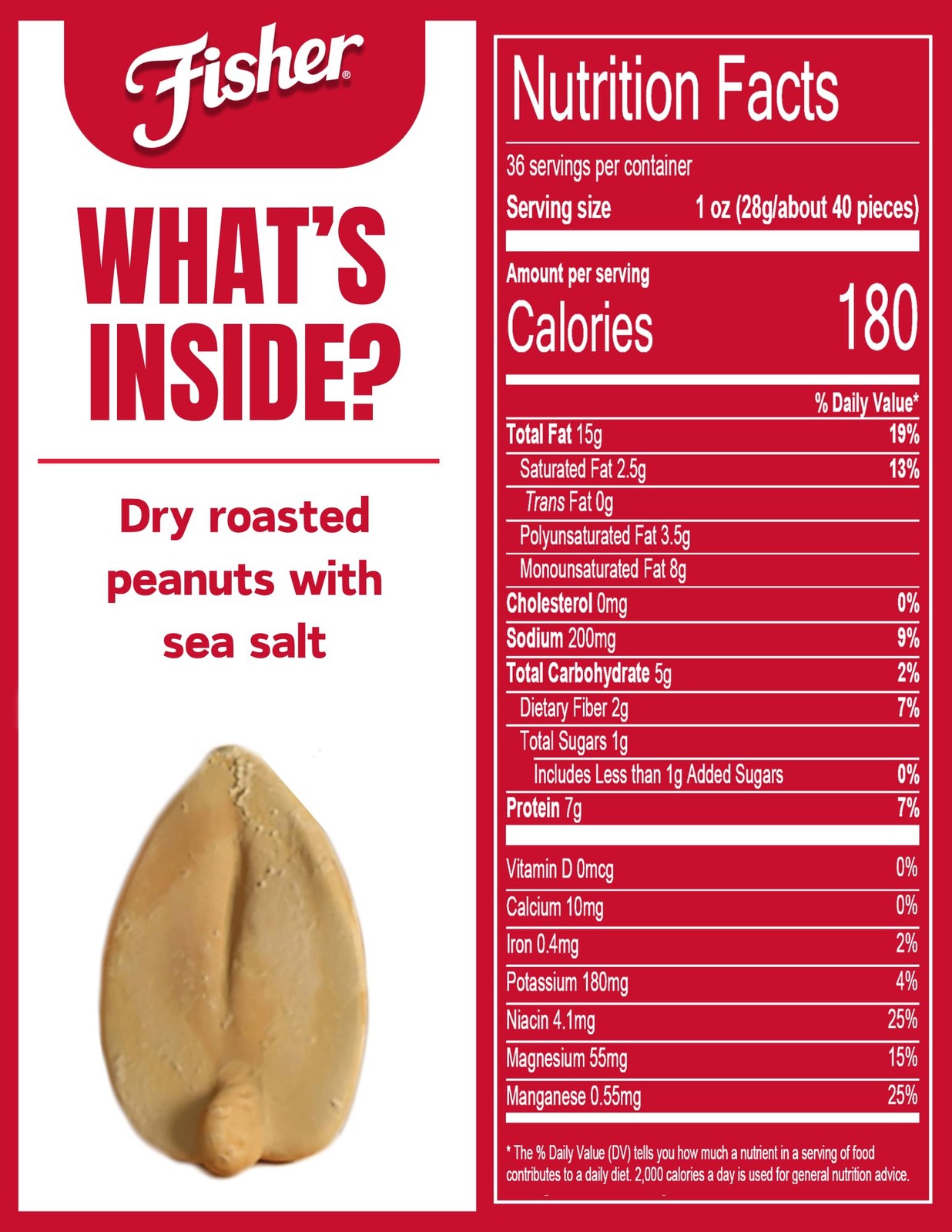 Fisher Snack Sea Salt Dry Roasted Peanuts, No Artificial Colors or Flavors, 36oz