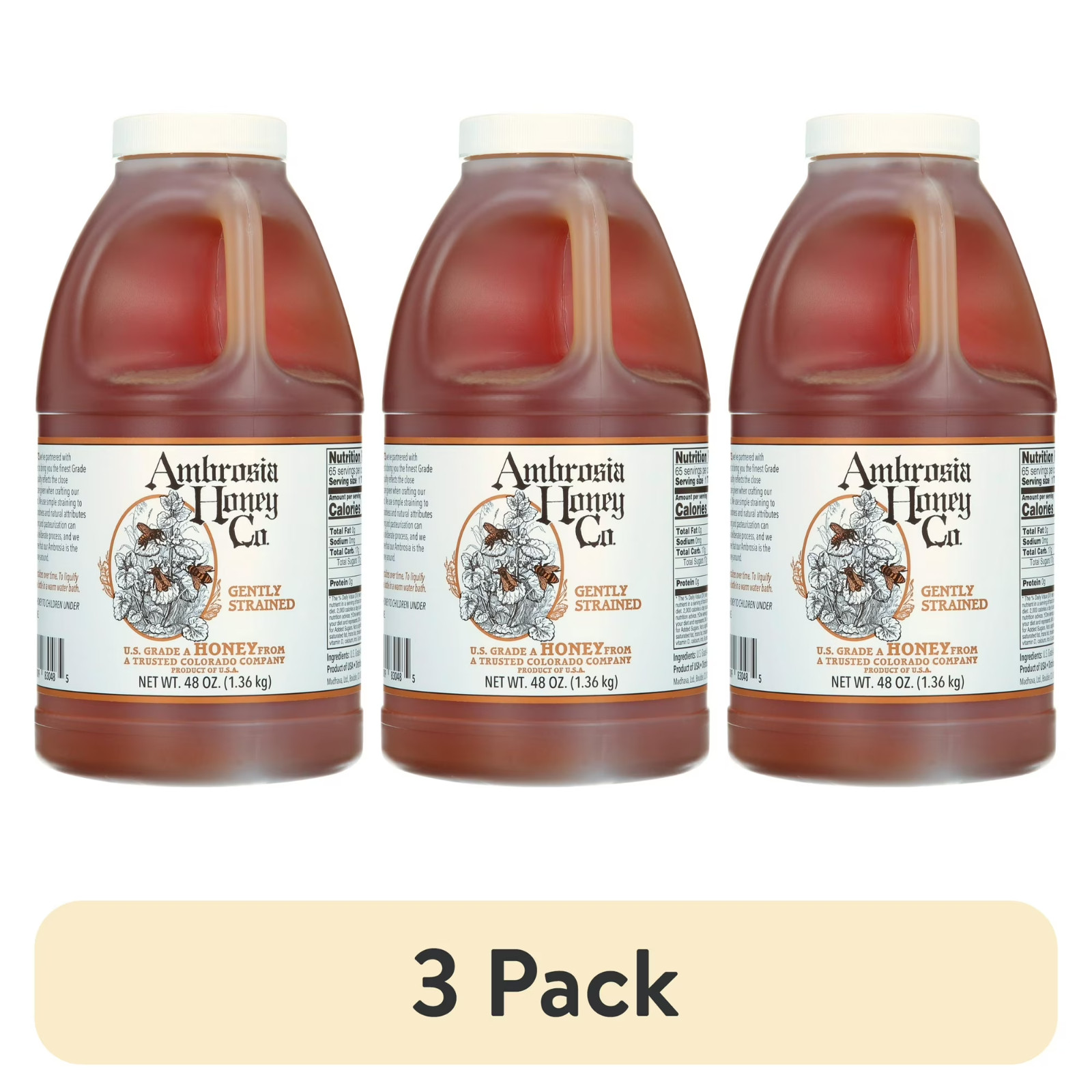 3 Pack Ambrosia Honey Co. Pure Raw & Gently Filtered Honey 48 fl oz Shelf-Stable
