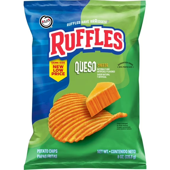 Ruffles Potato Chips Queso Cheese Flavored Snack Chips, Snacks, Large Bag 8 Ounc