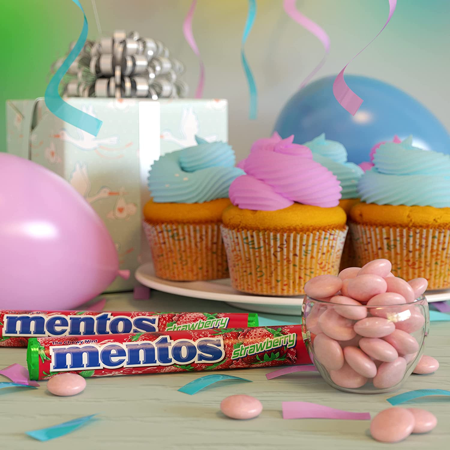 Mentos Chewy Mint Candy Roll, Strawberry, Non Melting, Party,15 Count (Pack of 1