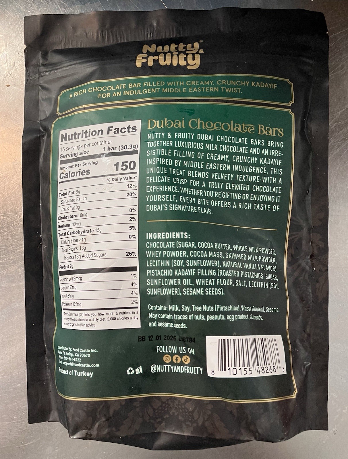 3 Bags Nutty Fruity Dubai Chocolate Bars Individually Wrapped 16oz Bags