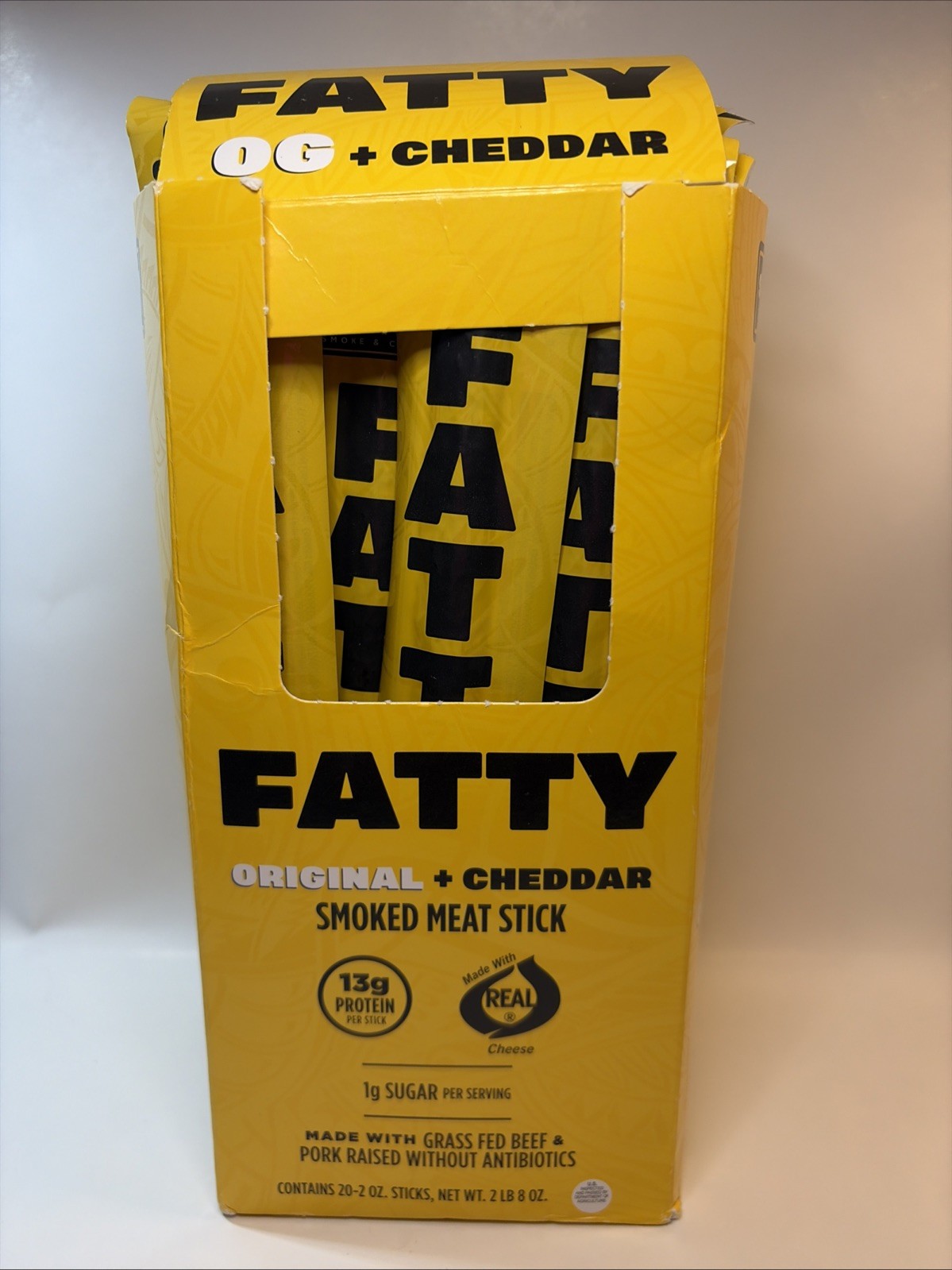 FATTY Meat Sticks, 13g Protein Per Stick, Original Cheddar, 2 oz. (Pack of 20)