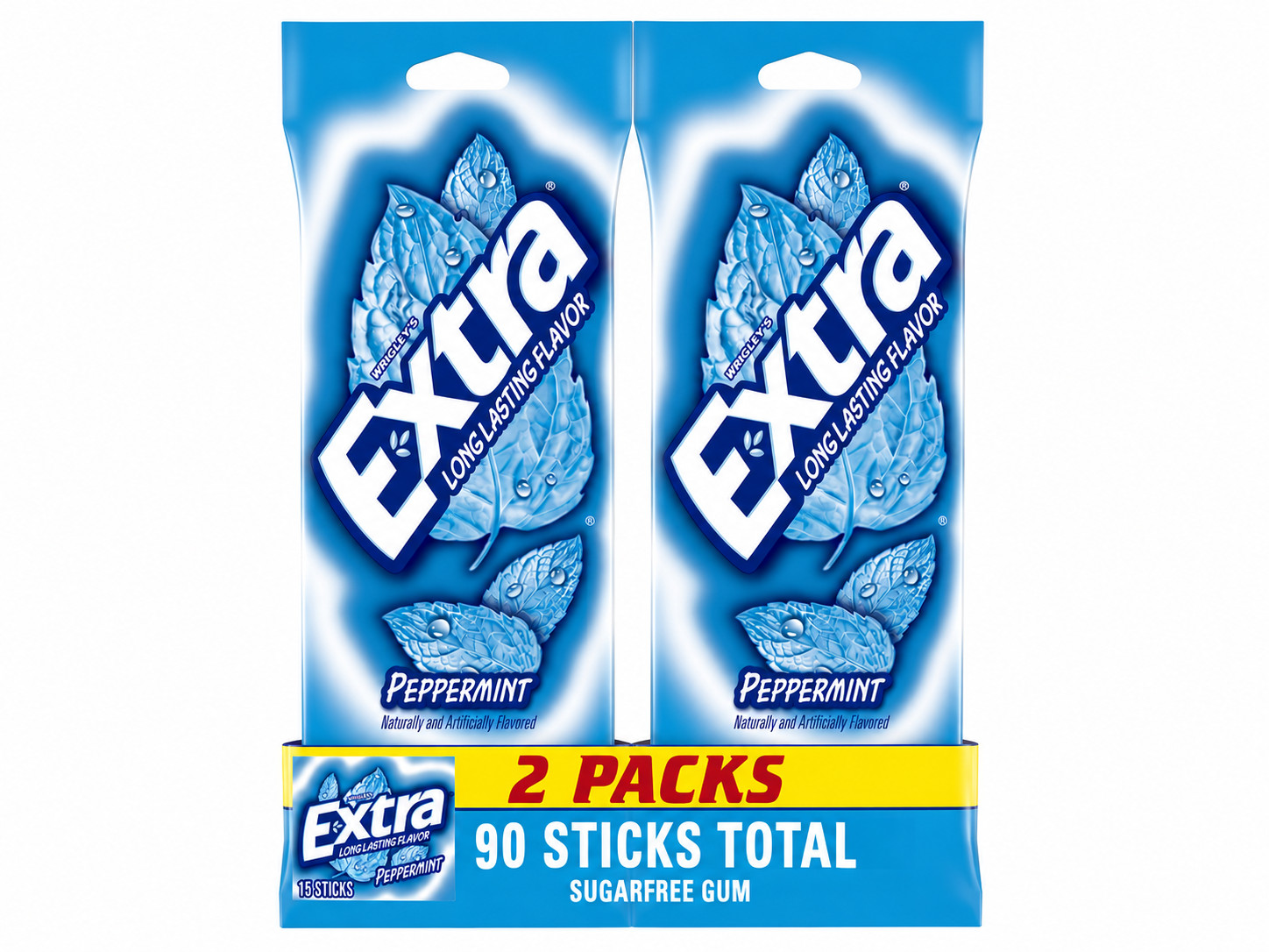 Pack of (2*3)6 Sugar Free Extra Peppermint Chewing Gum 15 Sticks Each Total 90