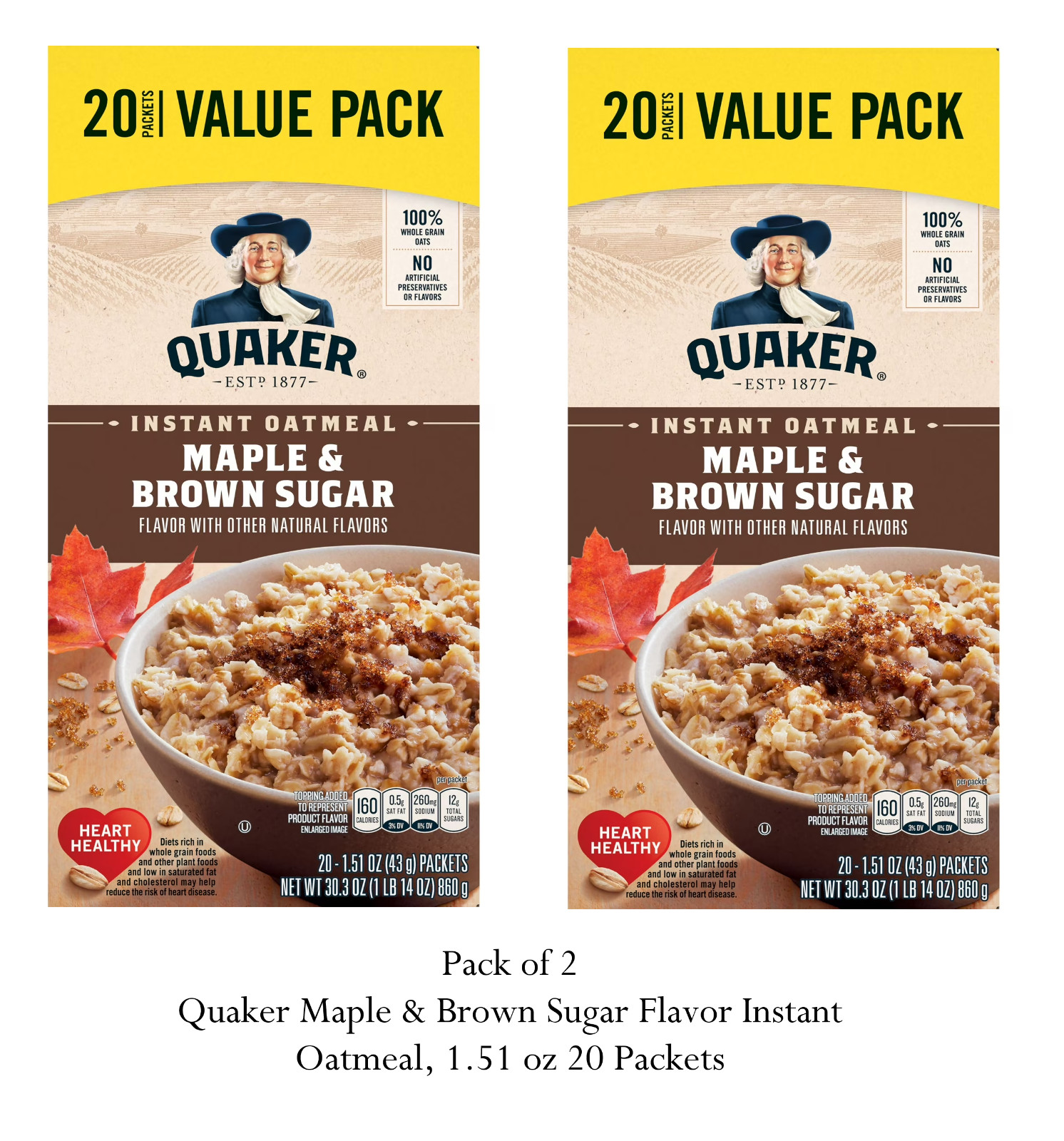 Quaker Maple & Brown Sugar Flavor Instant Oatmeal, 1.51 oz 20 Packets