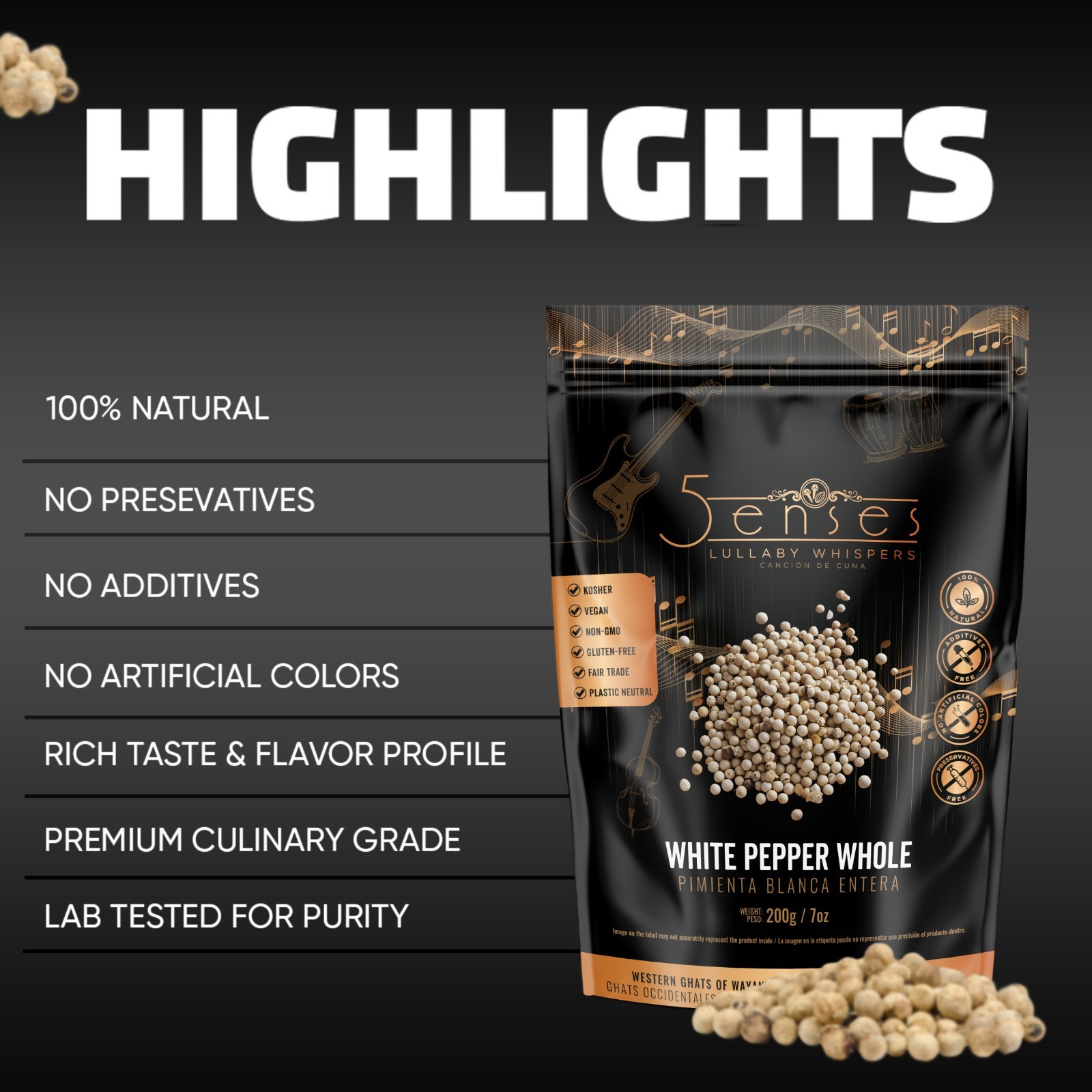 5Senses Malabar Whole White Pepper Whole | Pimienta Blanca | Non-GMO, Fairtrade