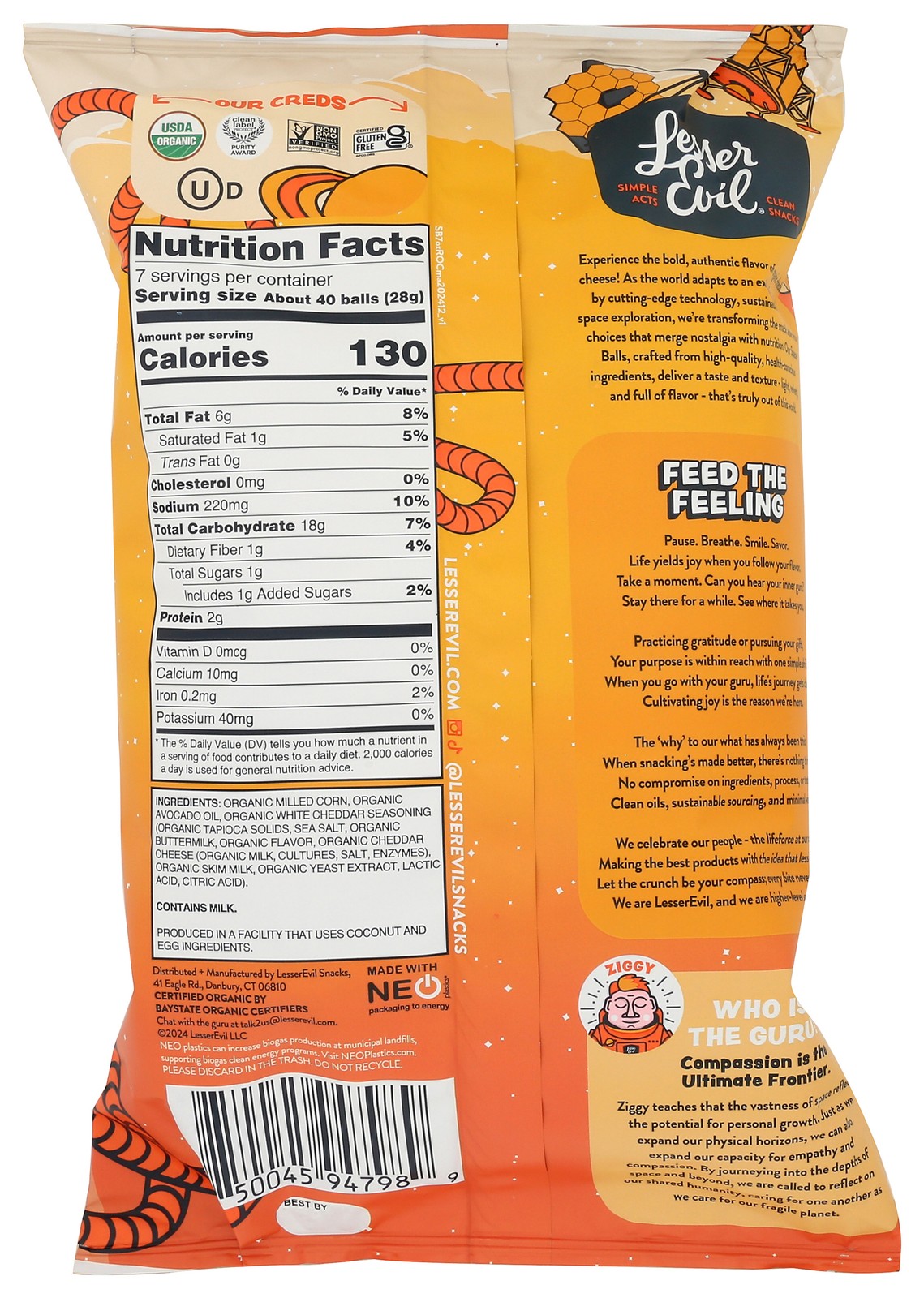 Lesser Evil Organic Cheddar Space Balls Corn Puffed Snacks 7 Oz 6 Pack