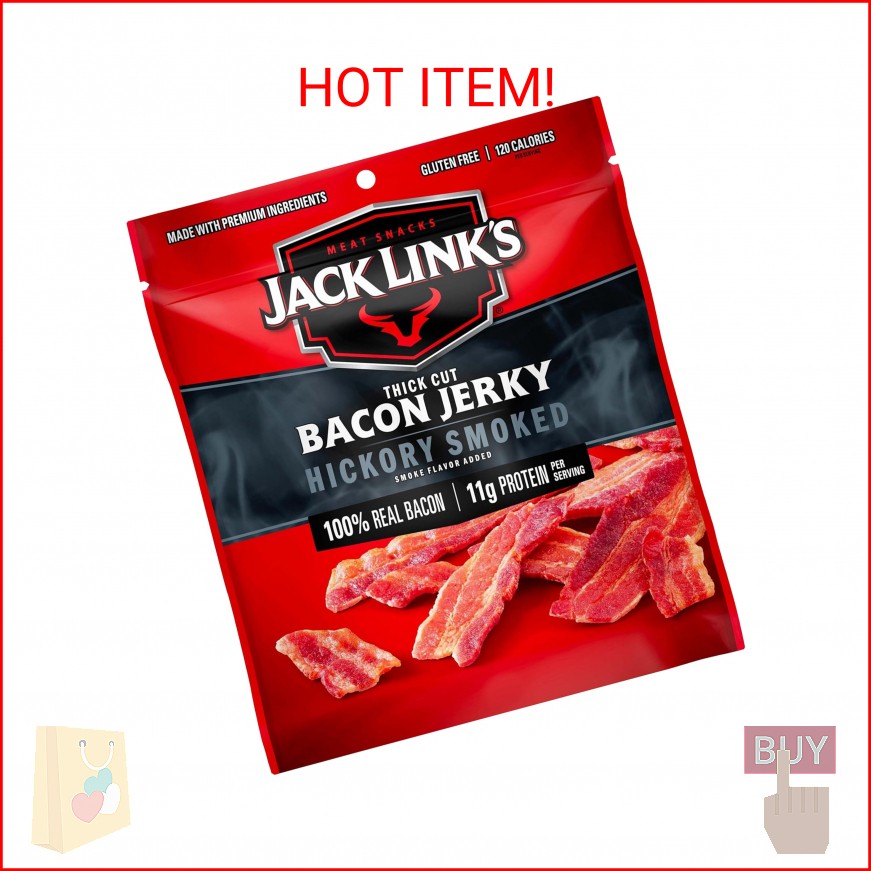 Jack Link’s Bacon Jerky, Hickory Smoked – Flavorful Ready to Eat Meat Snack with