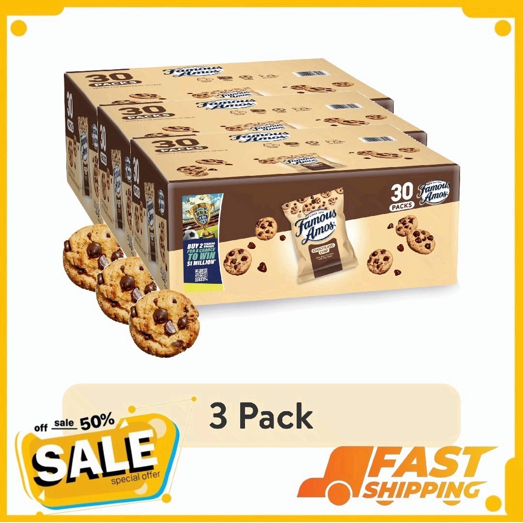 (3 pack) Famous Amos Classic Chocolate Chip Cookies, 30 Pack Box, 1 oz