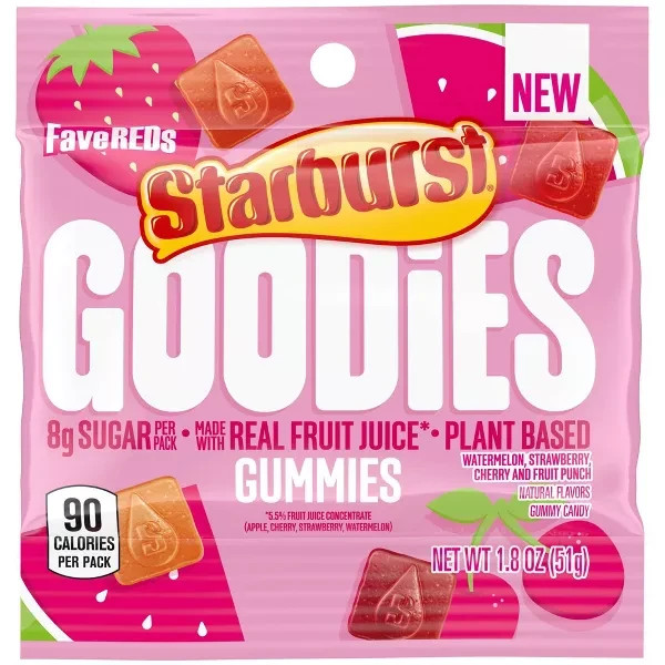 Starburst 1.8 oz. FAVEREDS Goodies Gummies Real Fruit Juice Plant Based BB 10/26