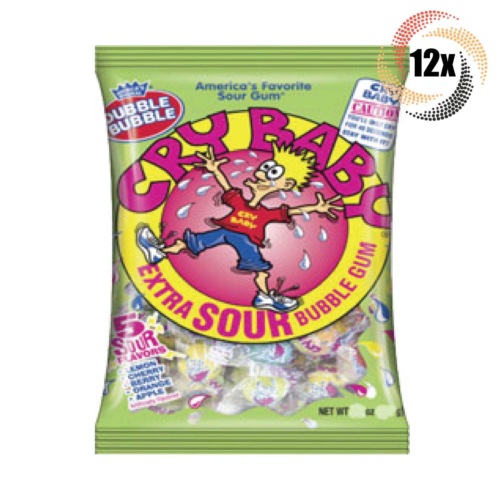 12x Bag Dubble Bubble Cry Baby Assorted Flavor Extra Sour Bubble Gum Candy | 4oz