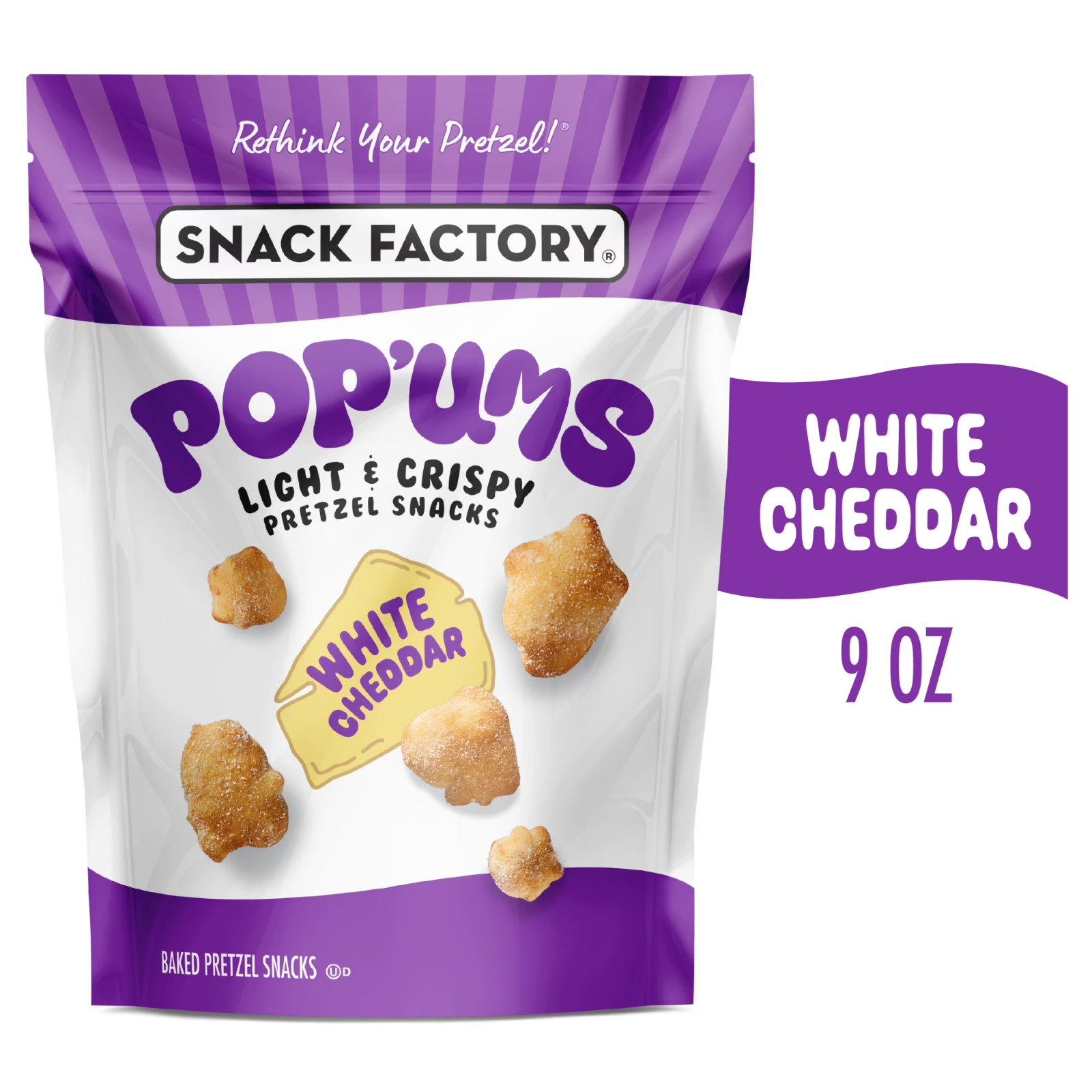 Snack Factory Pop’Ums White Cheddar Baked Pretzel Snacks Light Crispy 9 oz Bag