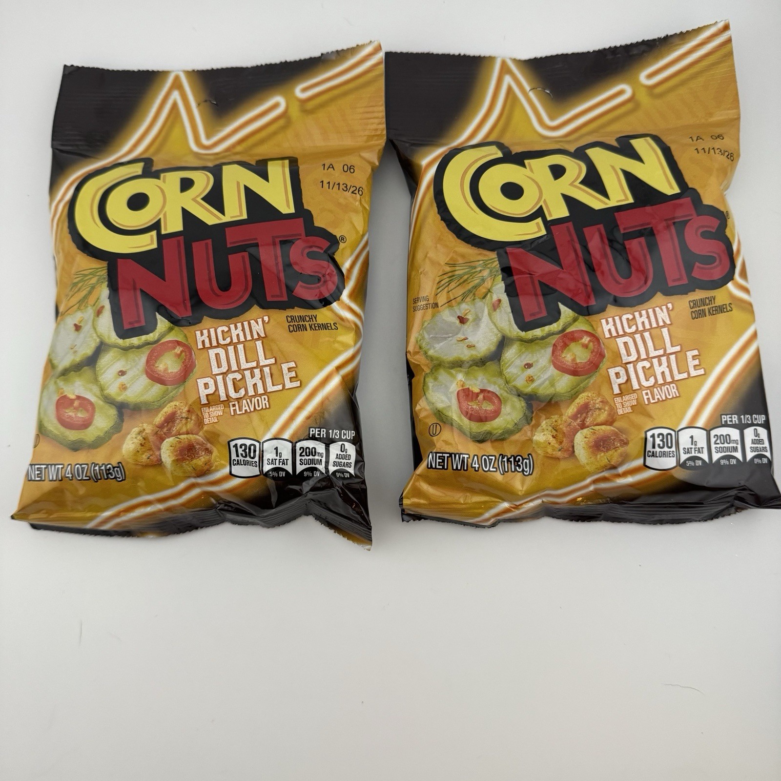 2 Packs Kickin’ Dill Pickle Flavored Crunchy Corn Kernels Nuts Snack 4 Oz. Each