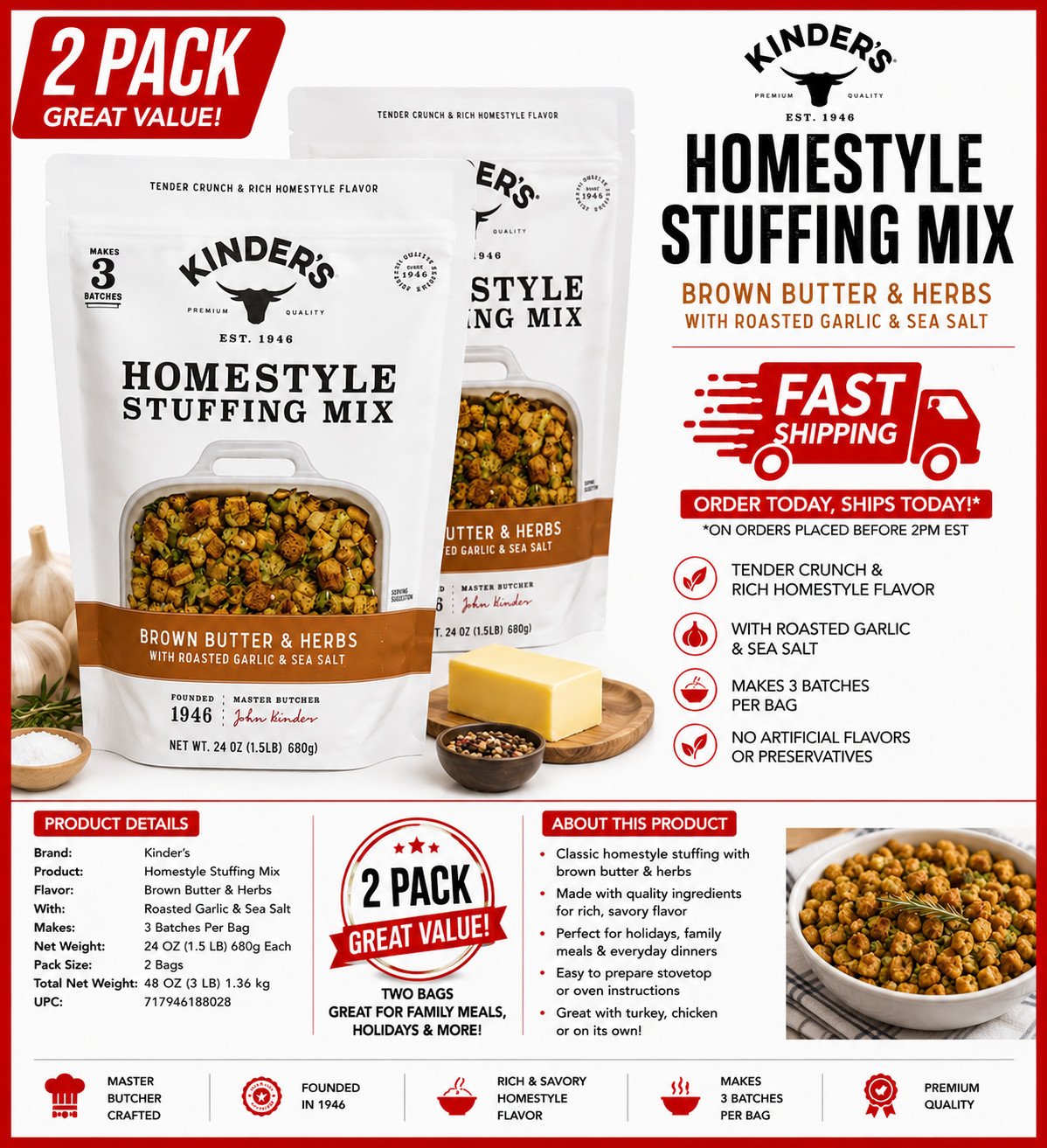 2PACK Kinder’s Homestyle Stuffing Mix, 24 oz. Makes up to 3 batches per bag