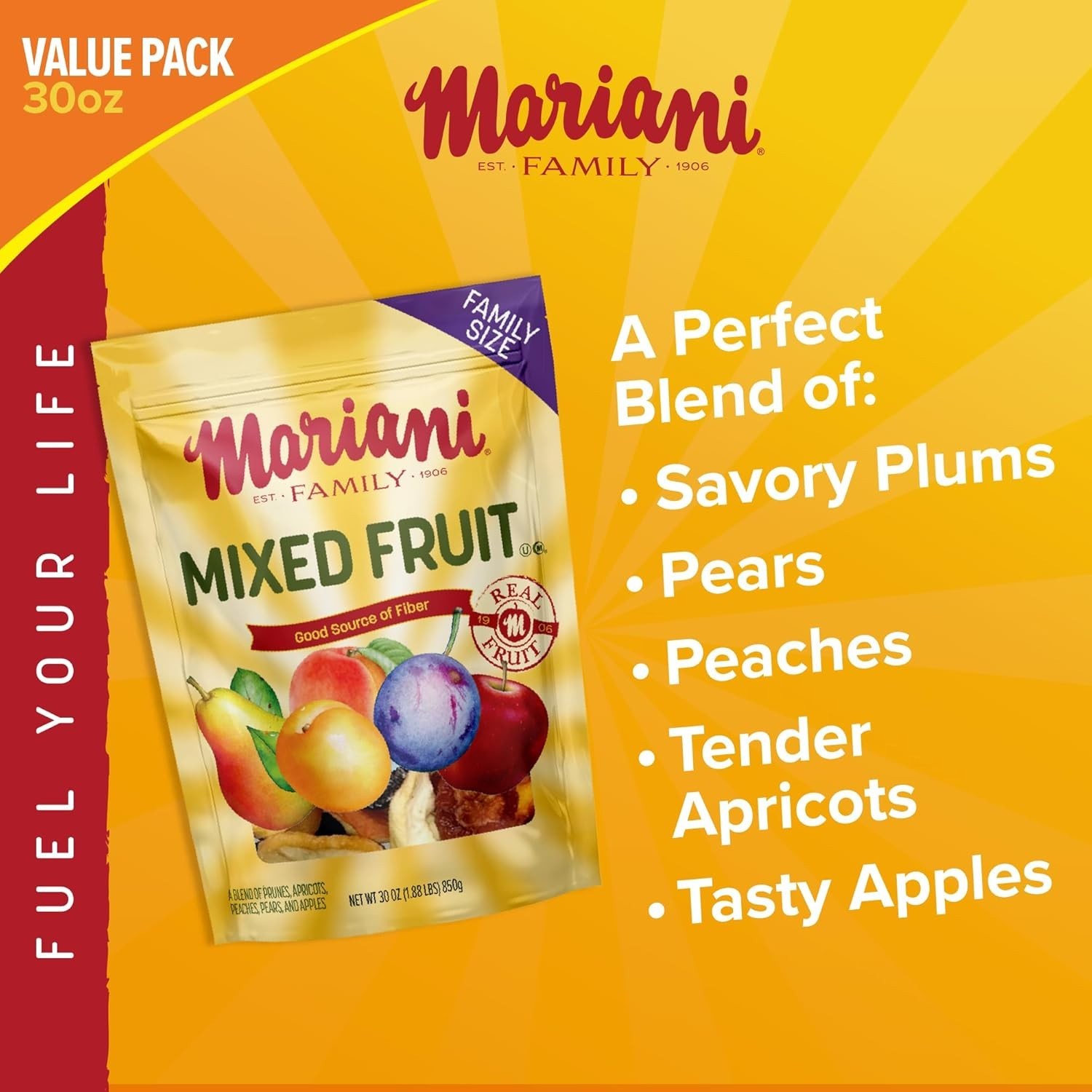 Mariani Mixed Fruit 30oz Bulk Bag – No Sugar Added Dried Fruit Mix with Pears,