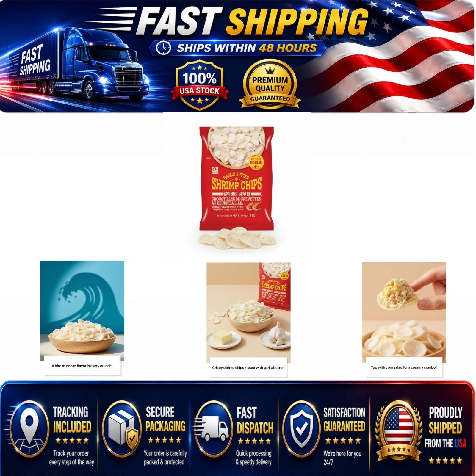 K FOOD Korean O!Snack Garlic Butter Shrimp Chips 1 lb Family Size