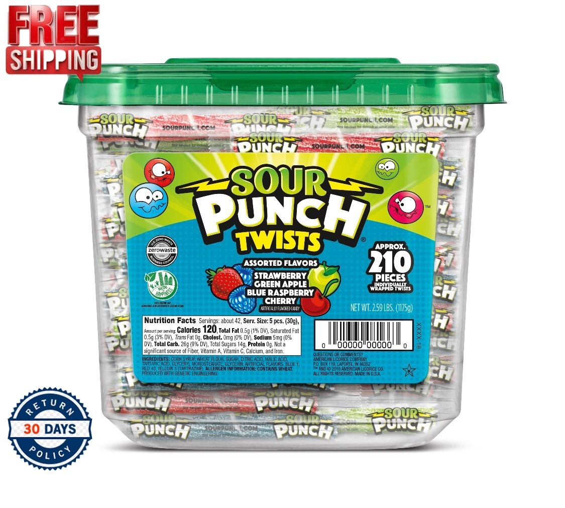 Sour Punch Twists, Assorted 3″ Individually Wrapped Candy, 2.59lb Jar