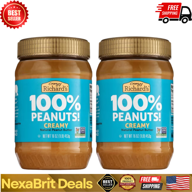 (2 Pack) Crazy Richard’s All Natural Creamy Peanut Butter 16 oz Jars 100% Peanut