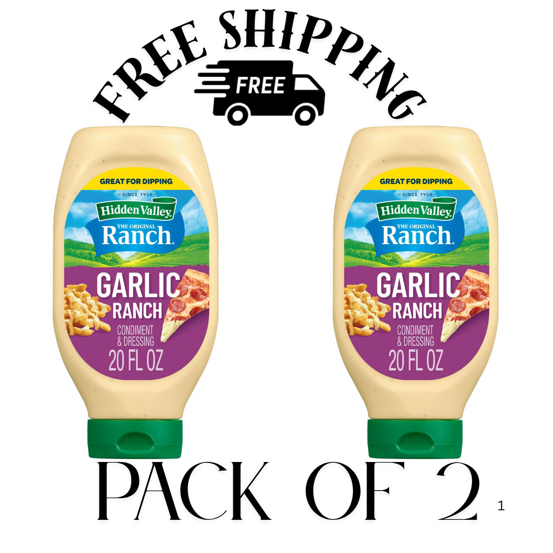 (PAK OF 2) Hidden Valley Garlic Ranch Condiment and Dressing, 20 Ounce Bottle