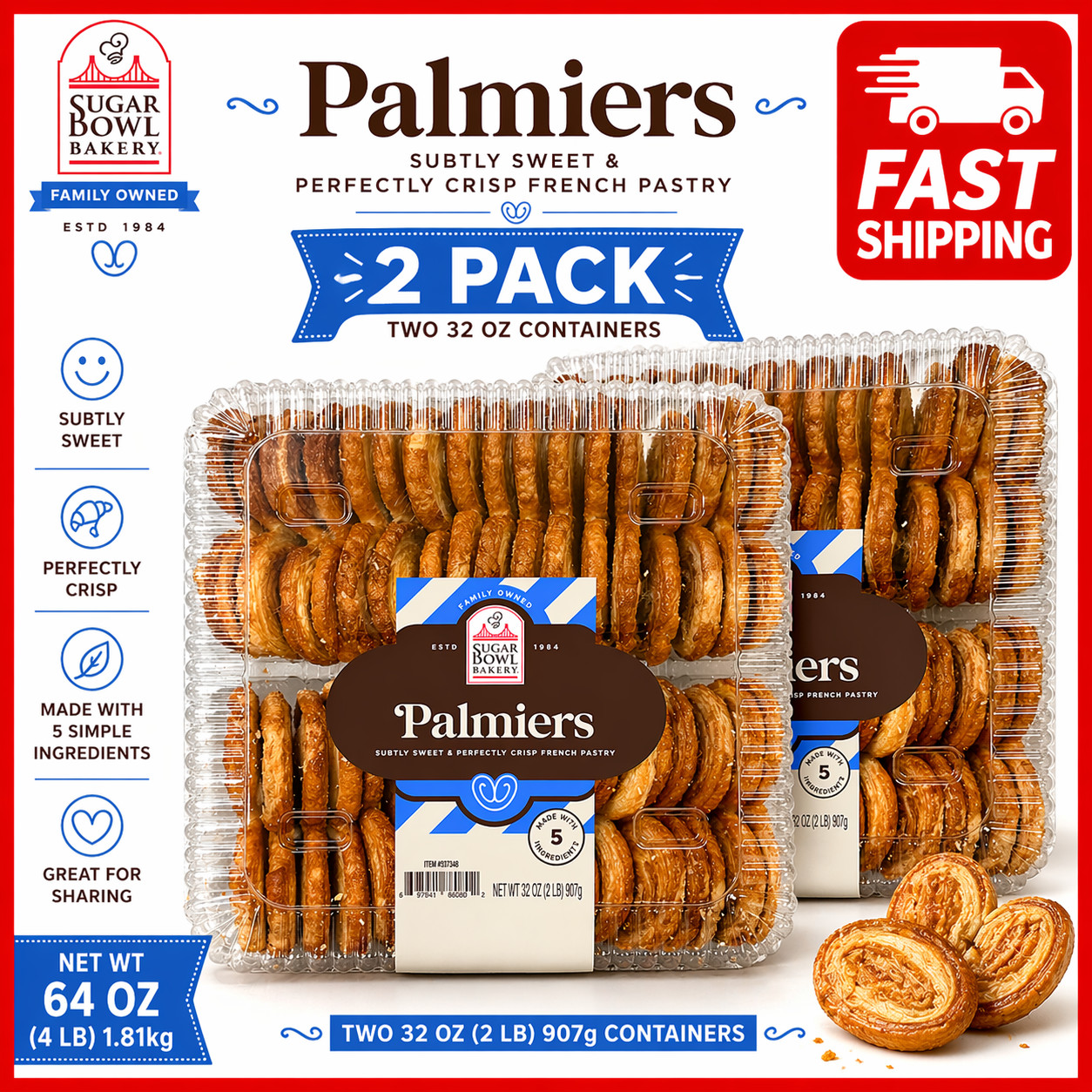 2 PACK Sugar Bowl Bakery Petite Palmiers, French Style Favorite Cookies 2 LB