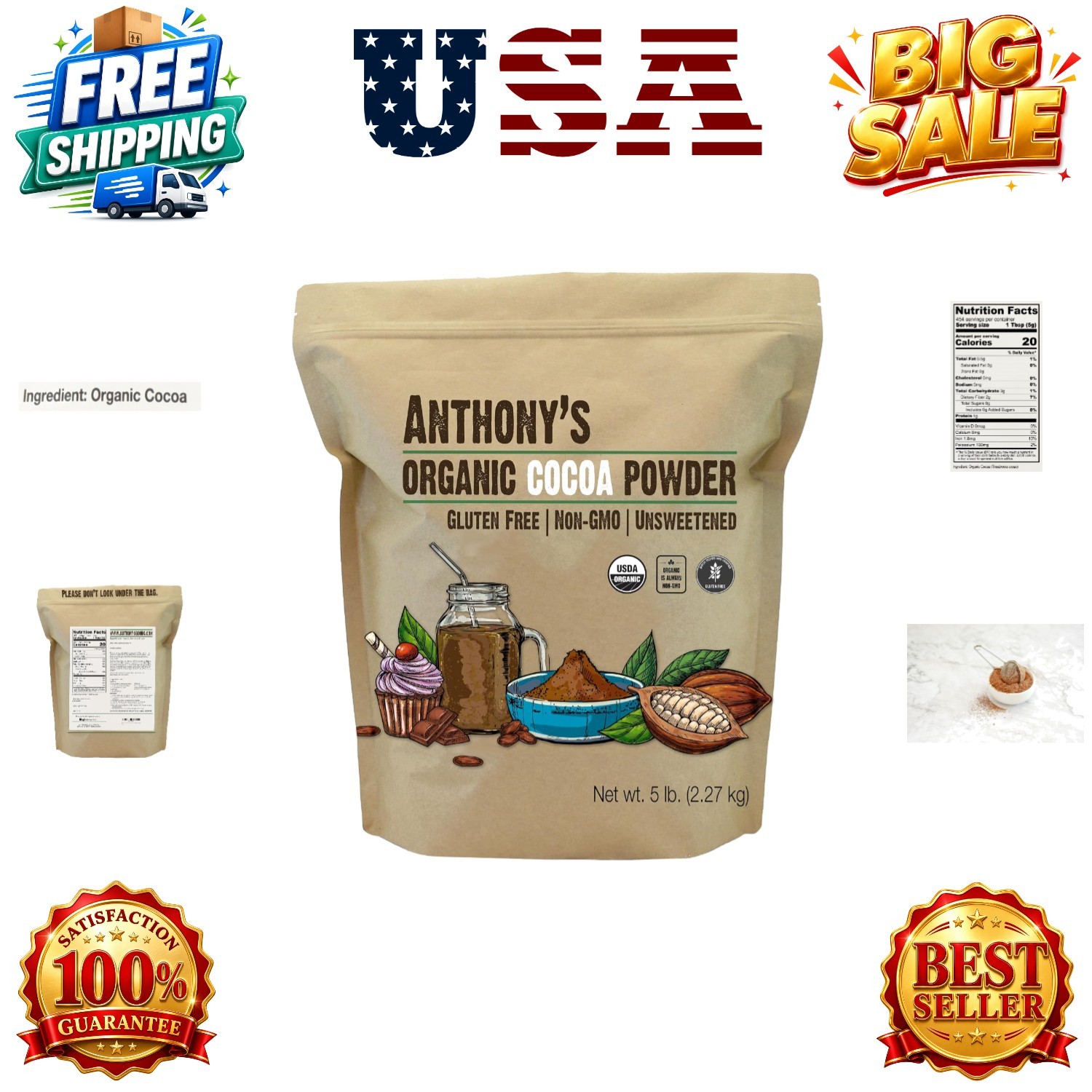 Anthony’s Organic Cocoa Powder, 5 lb, Unsweetened, Gluten Free, Non GMO