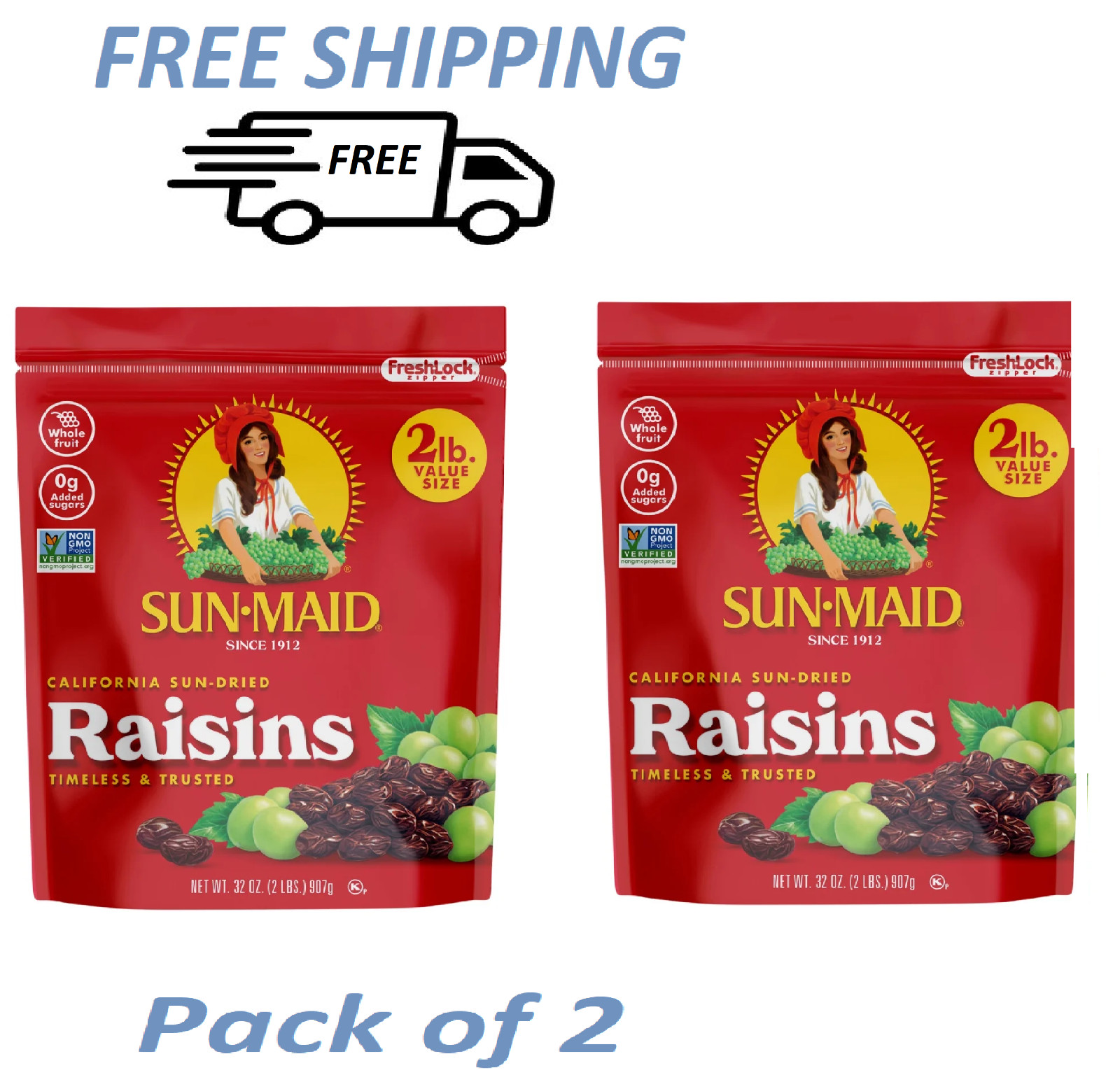 Sun-Maid California Sun-Dried Raisins – (2 Pack) 32 Oz Resealable Bag – Dried F