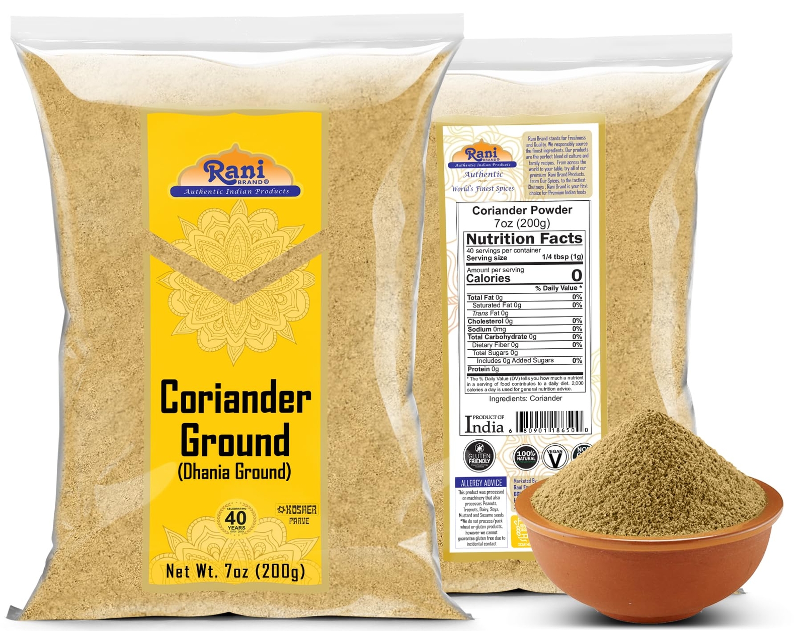 Rani Coriander Ground Powder (Indian Dhania) Spice, 7oz (200g)