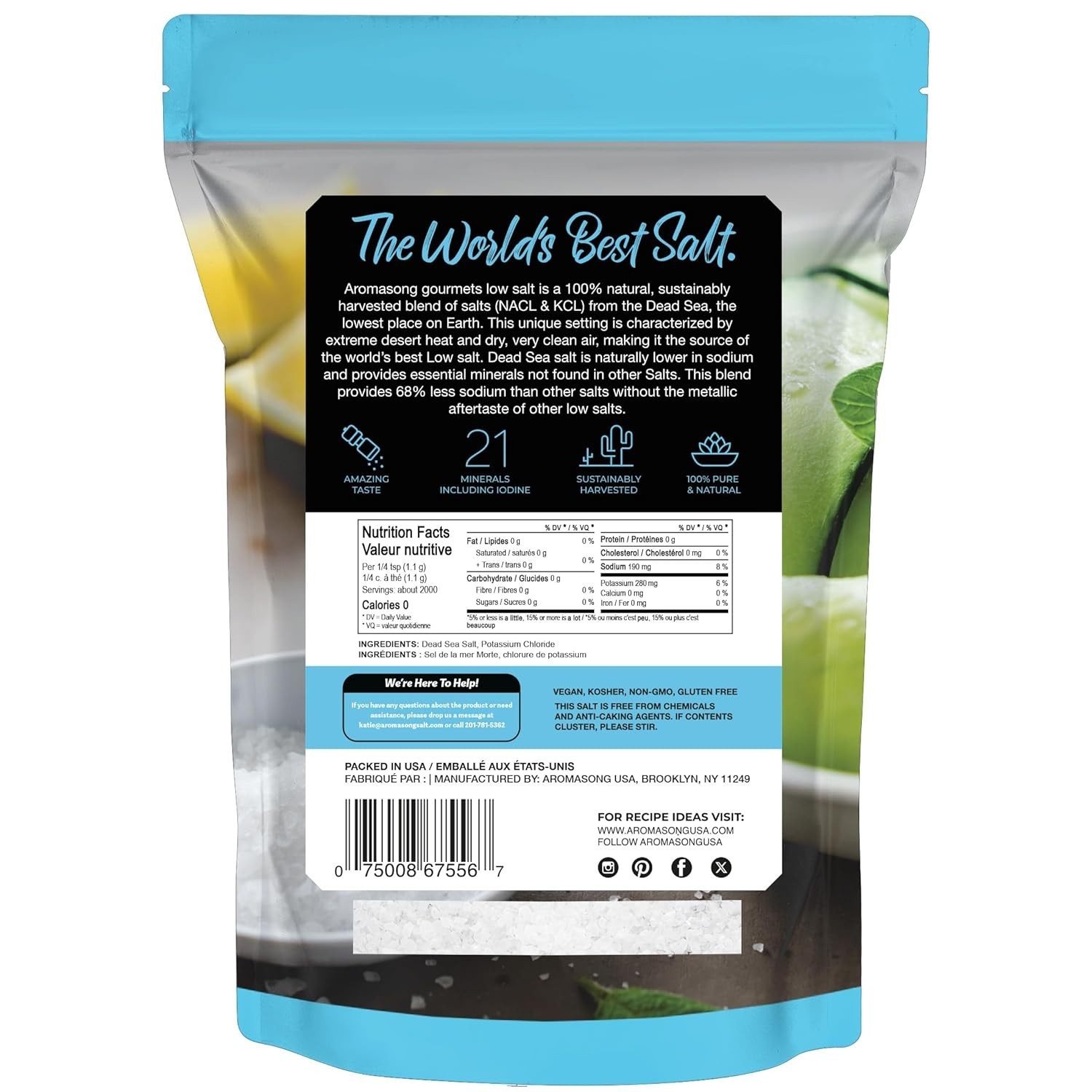 Natural Low Sodium Sea Salt – 100% Kosher, 60% Less Sodium, Bulk 5 Lb Bag
