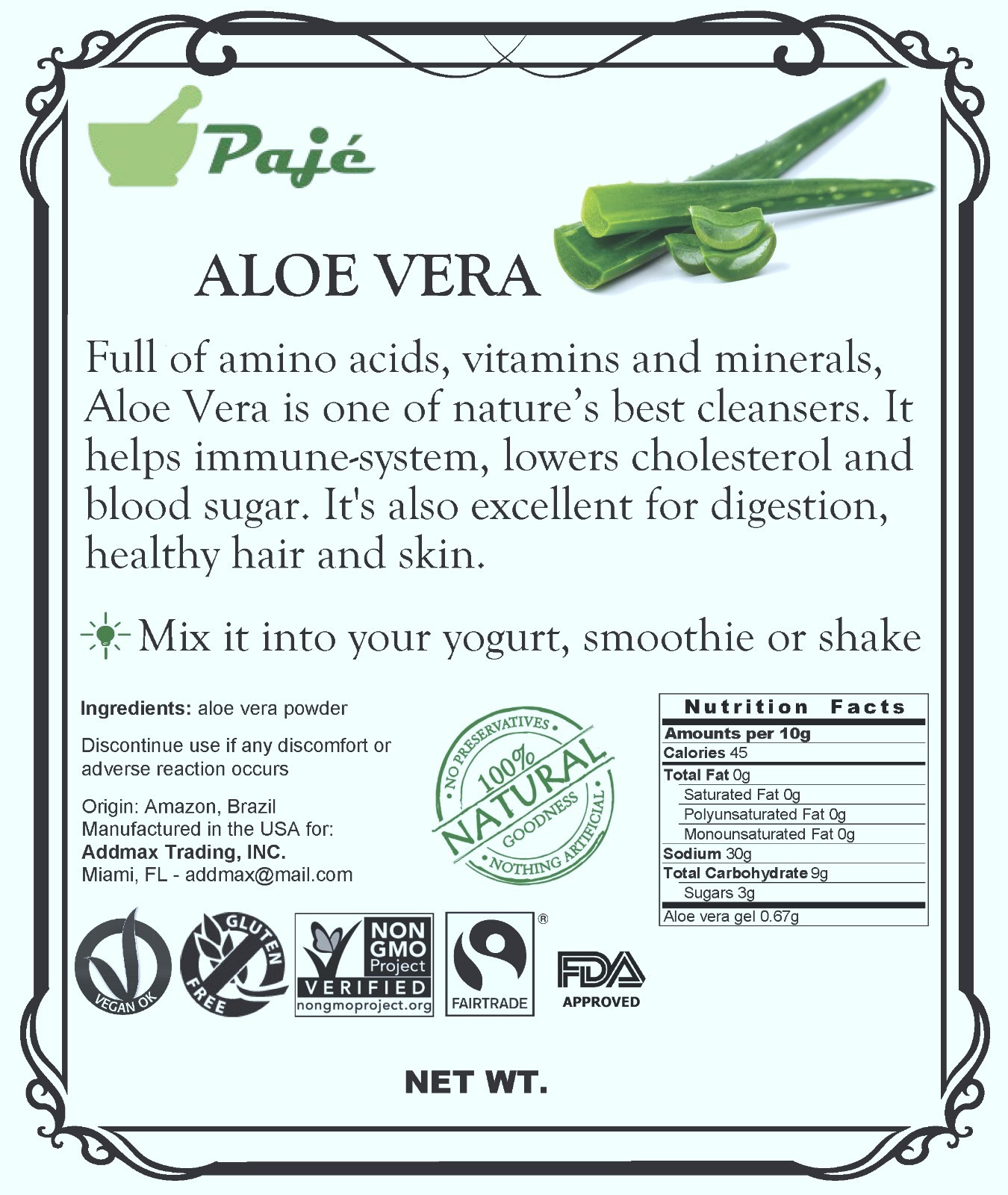 Aloe Vera gel powder 4oz 1/4lb Superfood, Detox, beauty and digestiv help PAJE