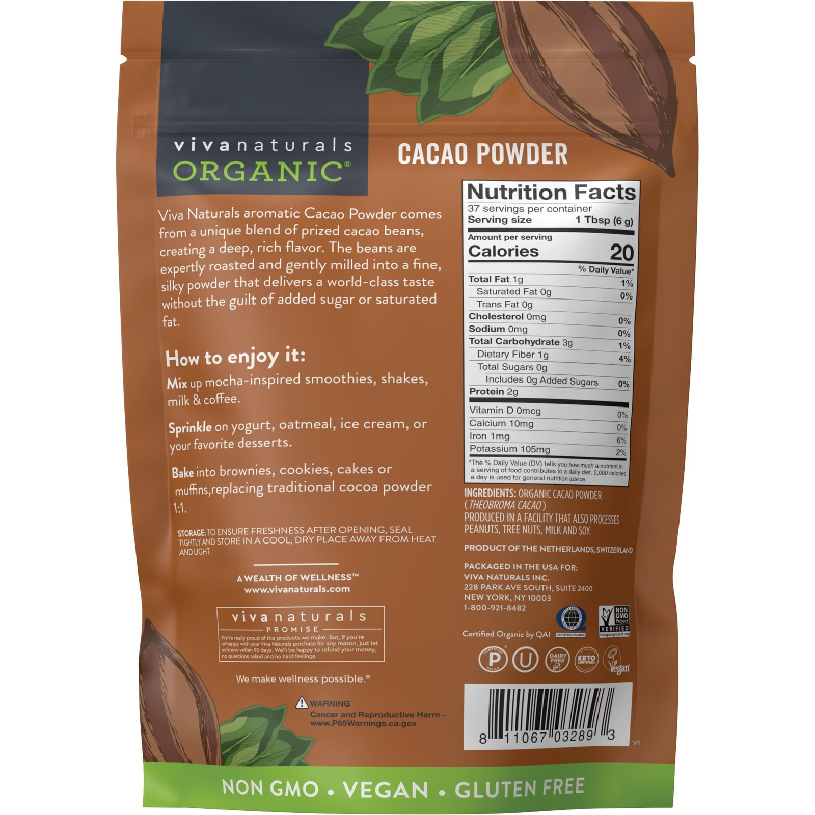 Organic Cacao , Unsweetened, 8 oz (227 g) – Rich Dark Chocolate Flavor, Perfe…
