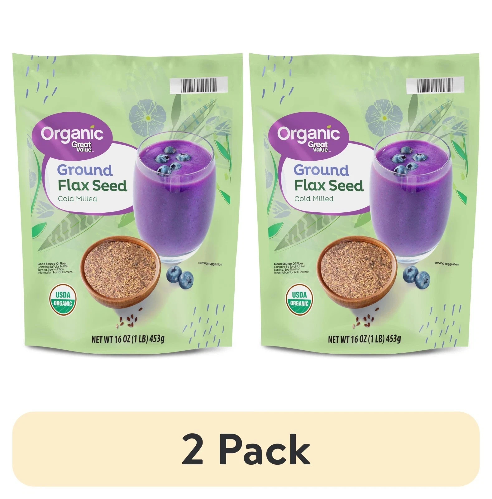 2 pk,Great Value Organic Ground Cold Milled Flax Seed,16 oz,453g,Allergen Free.