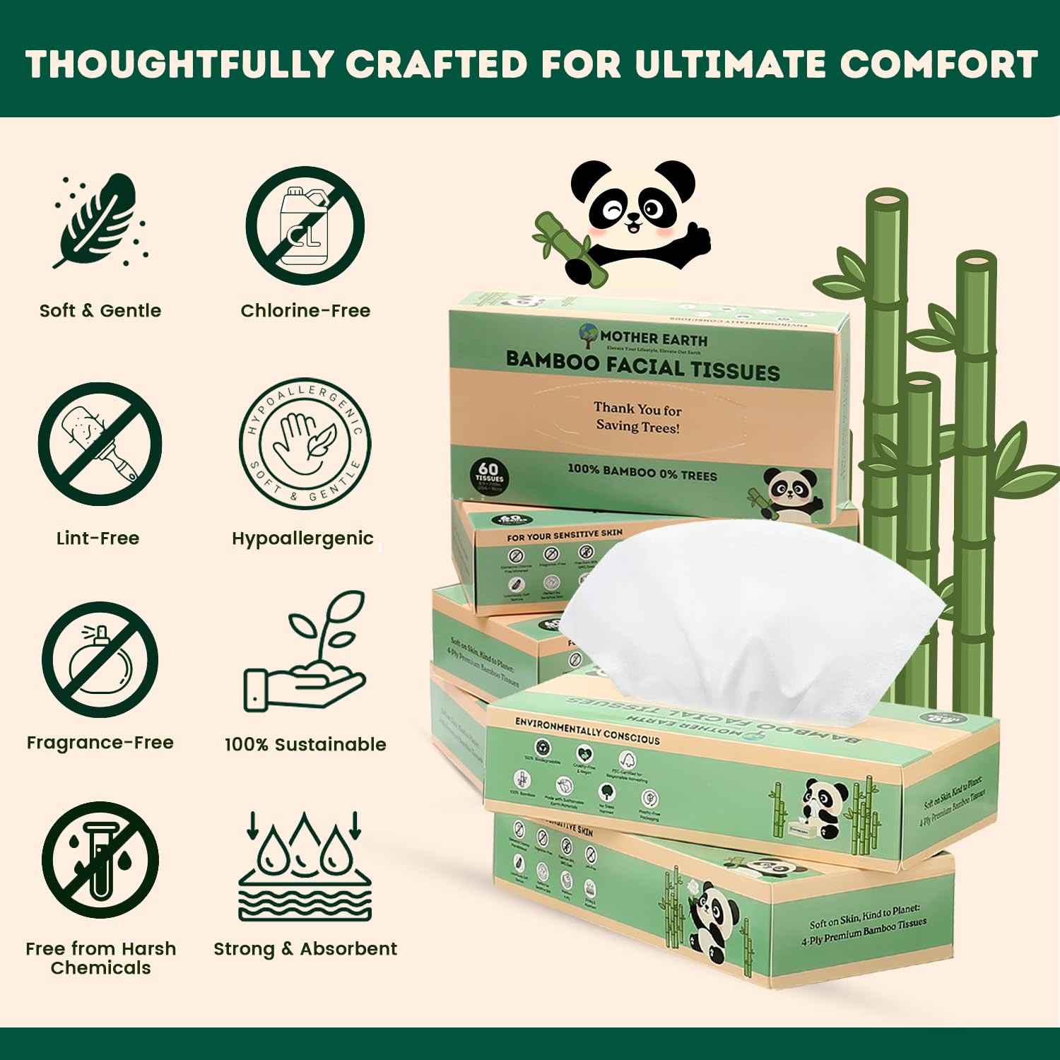 Mother Earth Bamboo Facial Tissue 4-Ply Flat Box Hypoallergenic Septic-Safe