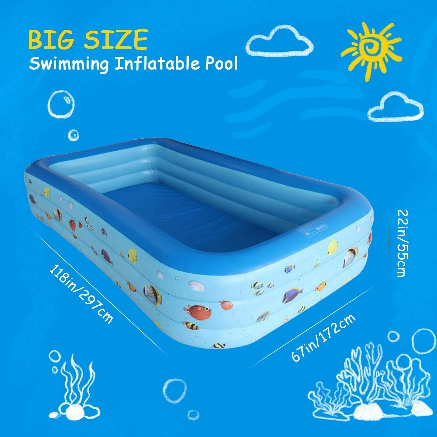 Inflatable Swimming Pool for Kids & Adults, Family-Size Rectangle, Blue