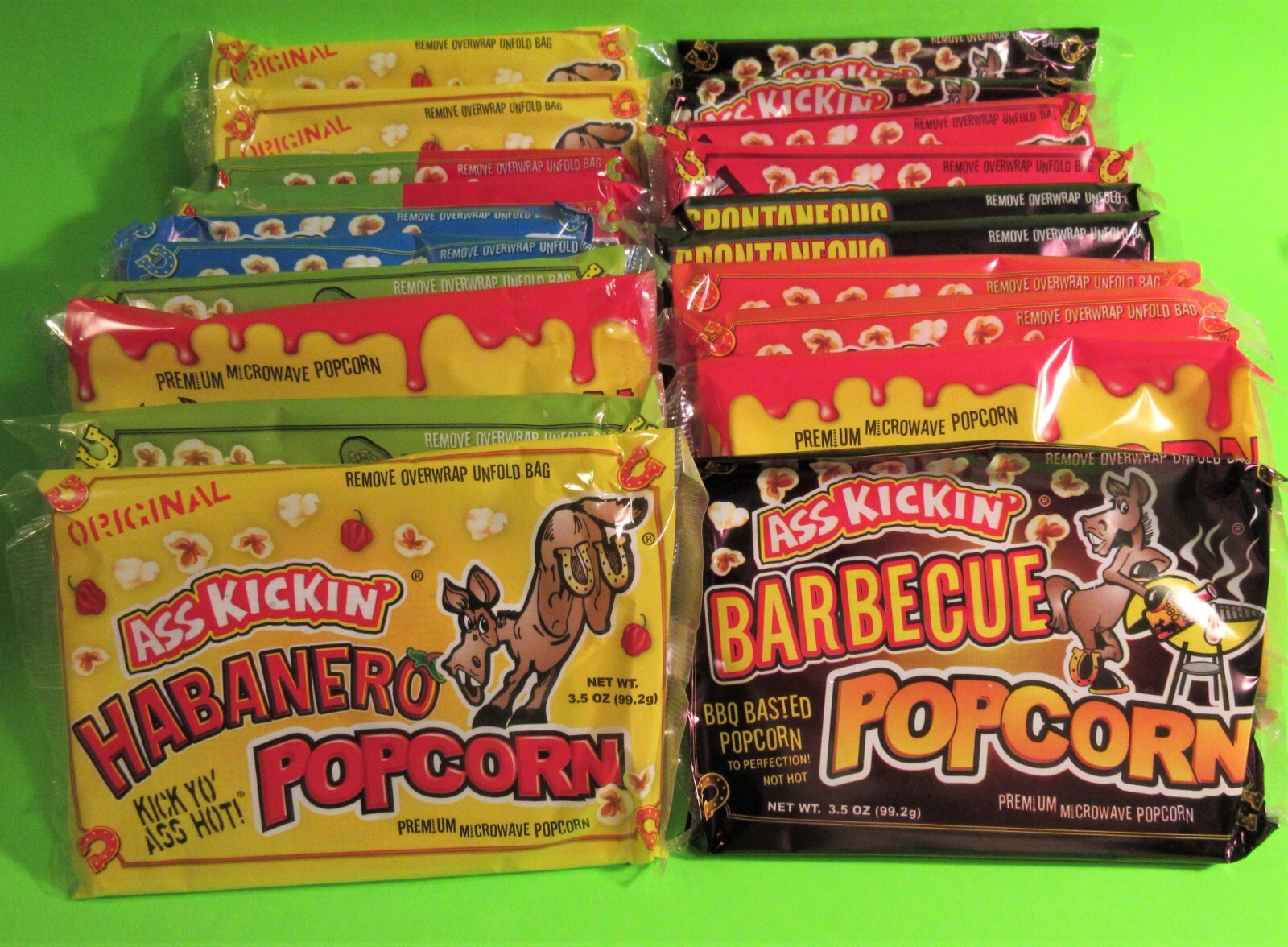 20 BAGS ASS KICKIN’ MICROWAVE POPCORN, 9 GREAT FLAVORS! MILD TO SPICY,TRY TODAY!