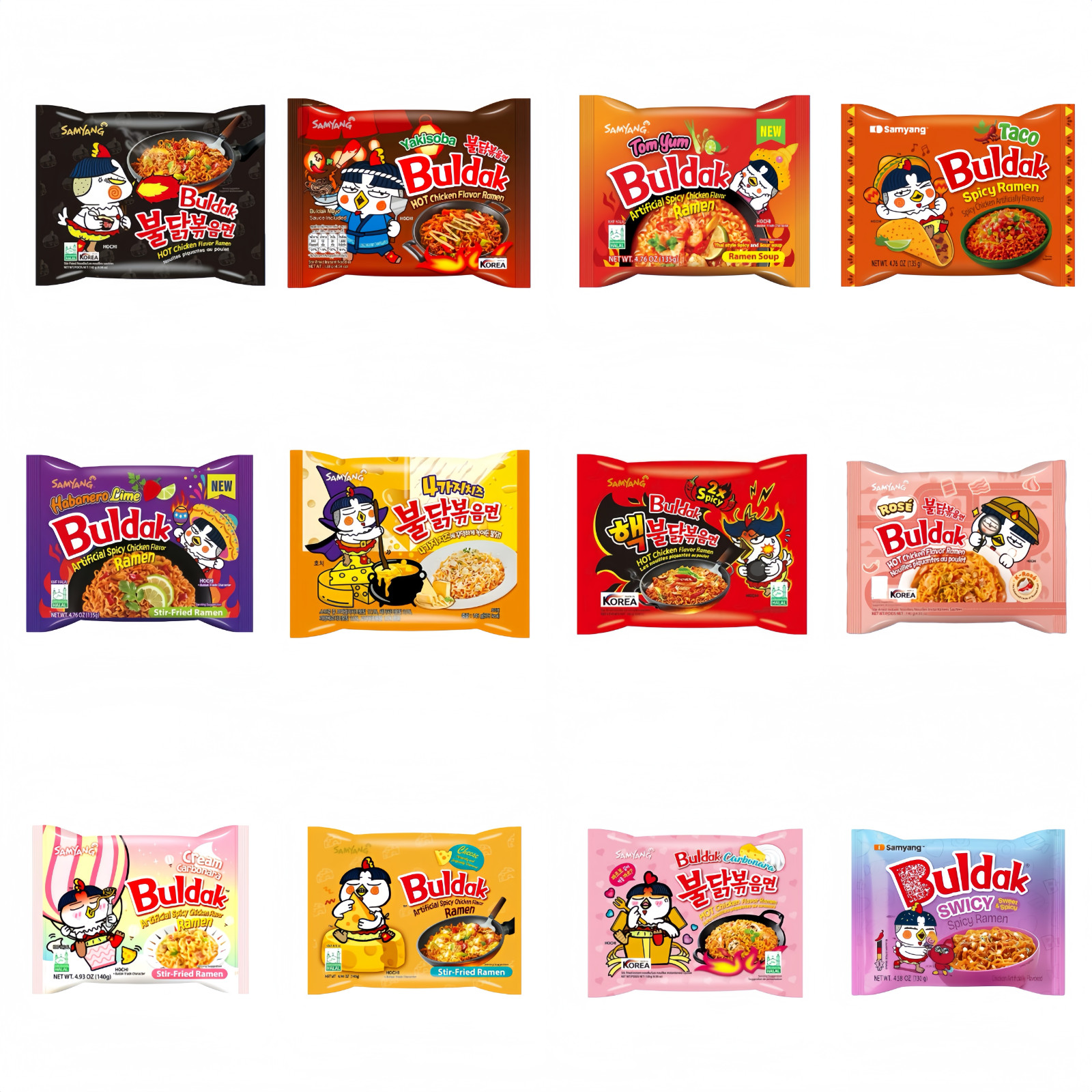 Samyang Korean Buldak Spicy Hot Ramen Noodles Variety Pack – 4 Different Flavors