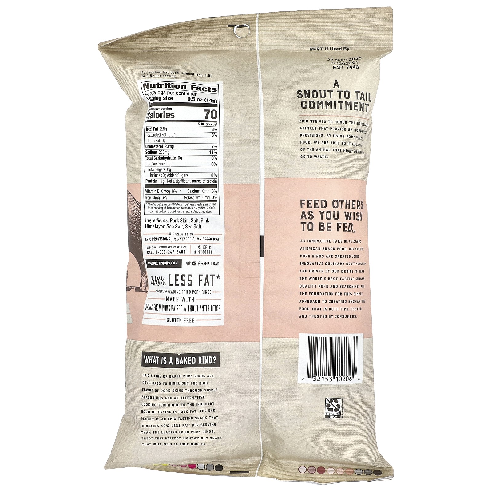 Oven Baked, Pork Rinds, Pink Himalayan + Sea Salt, 2.5 oz (70 g)