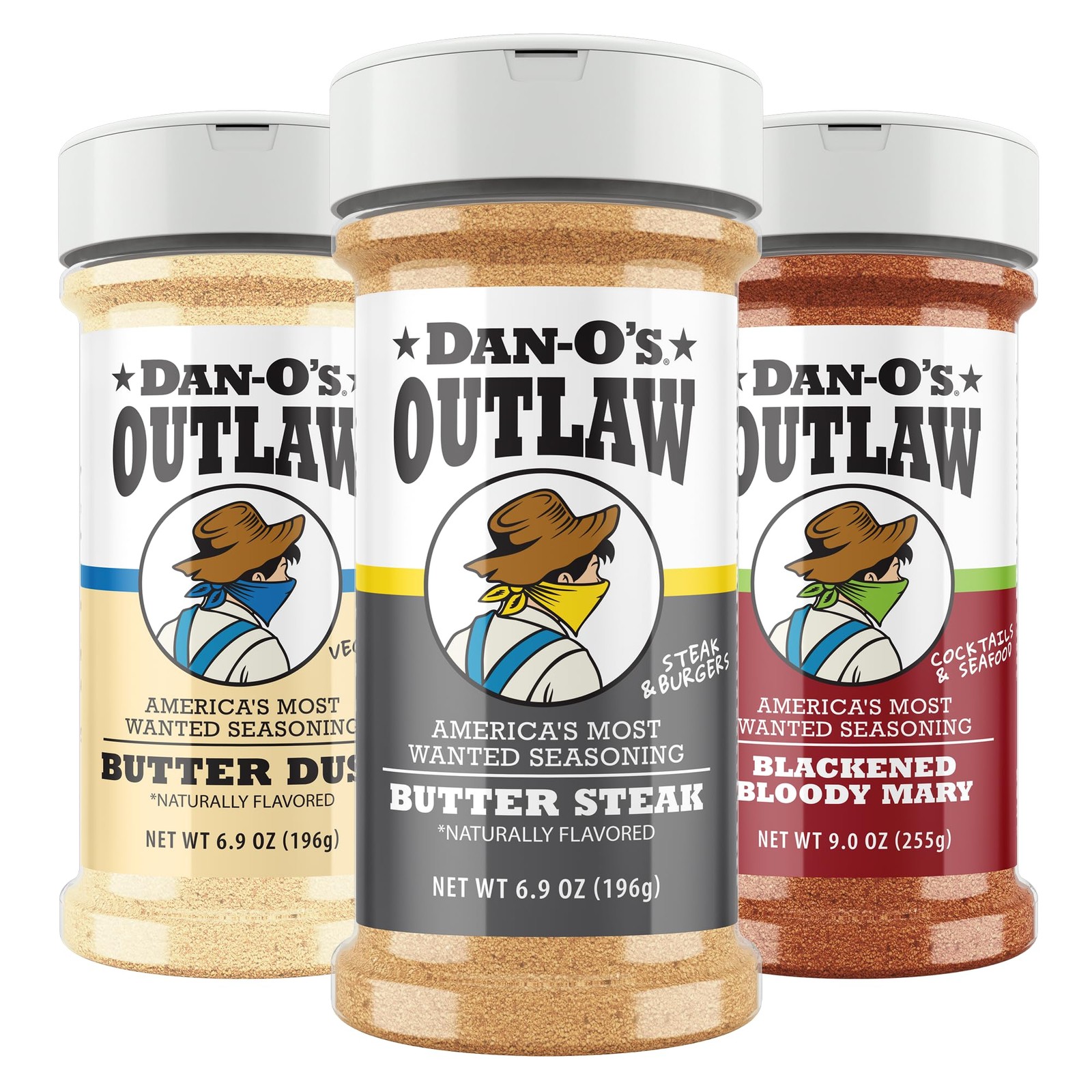 Dan-O’s Outlaw Seasoning 3 Bottle Set- Butter Dust, Butter Steak & Blackened