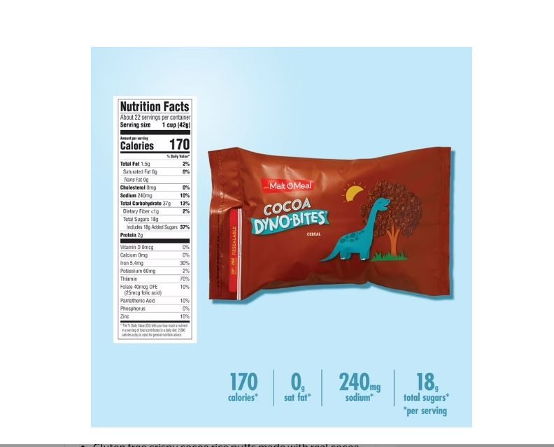 Malt-O-Meal Cocoa Dyno Bites Gluten Free Breakfast Cereal, 32 oz Resealable Bag