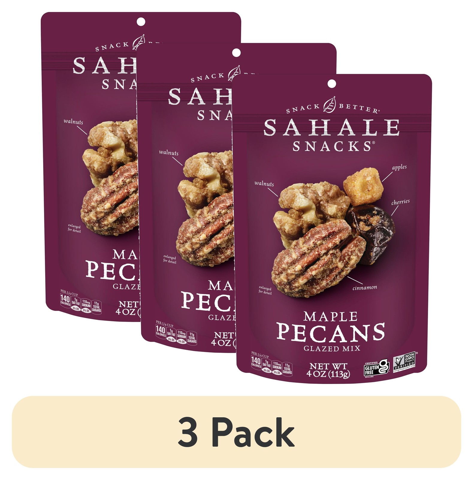 (3 pack) Sahale Snacks Maple Pecans Glazed Mix, Gluten-Free Snack, 4-Ounce Bag