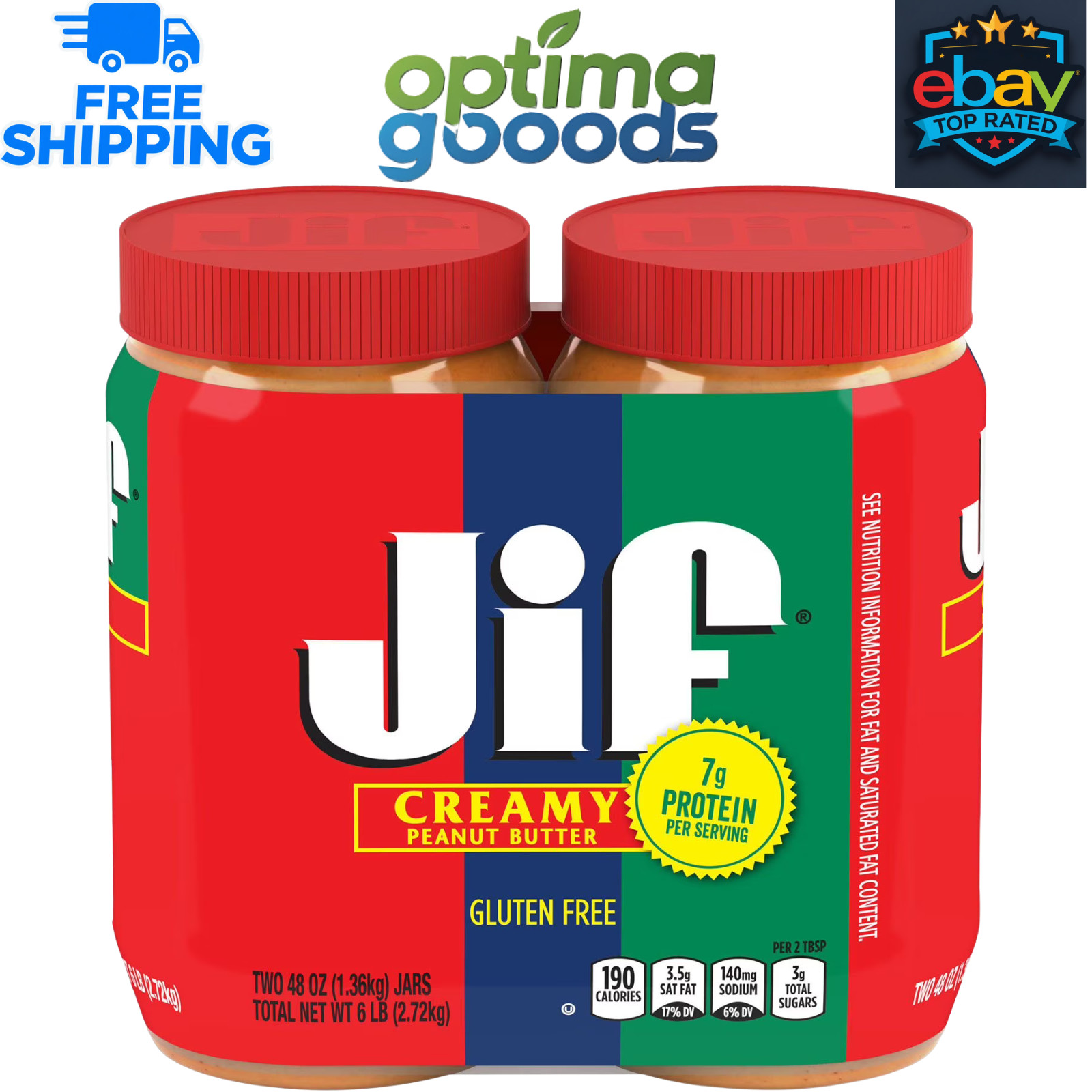 Jif Creamy Peanut Butter, 48 oz., 2 Pack, Gluten Free Roasted Peanut Spread