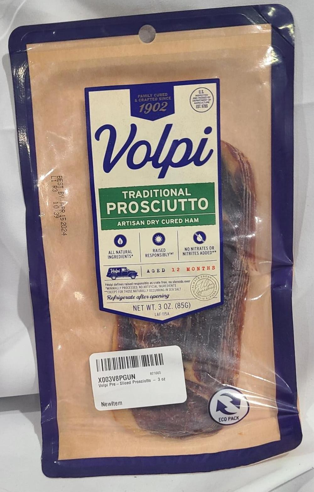 Volpi Pre-Sliced Prosciutto – 3 oz BB 4/24