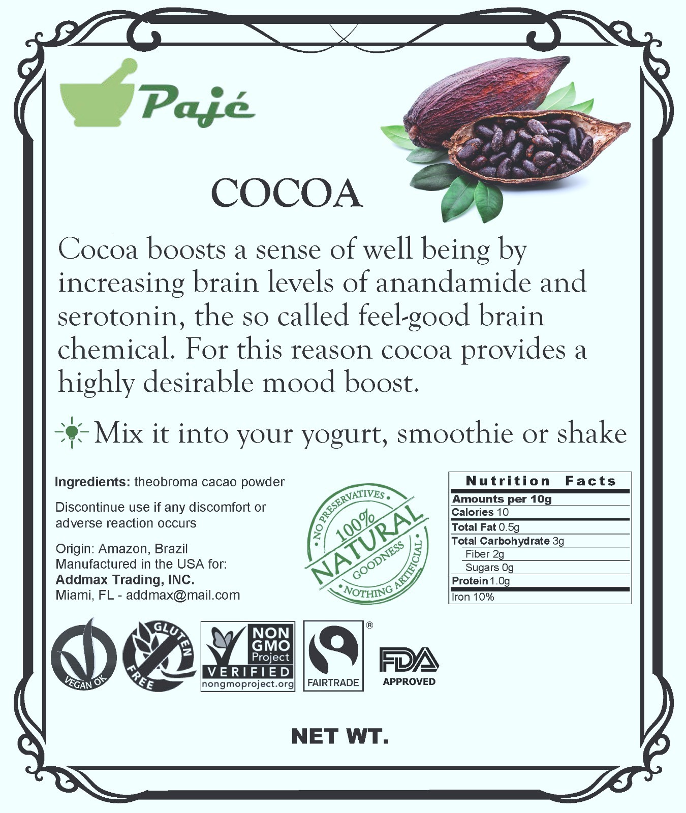 COCOA CACAO CACAU seed powder 16oz 1lb Mood, Serotonin, chocolate PAJE POWDER