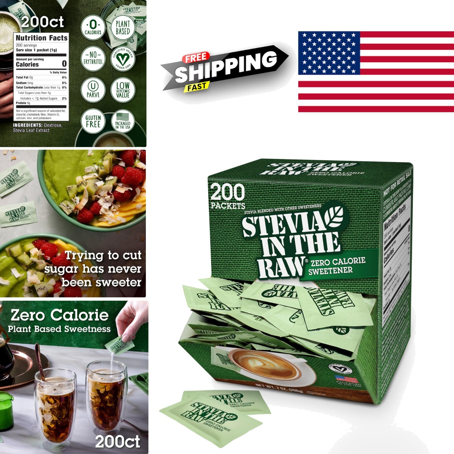 Zero Calorie Stevia Sweetener Packets 200 Count Box Low Glycemic Index