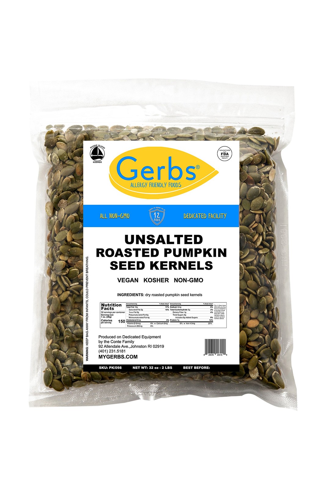 GERBS Unsalted Pumpkin Seed Kernels 2 LBS|Top 14 Allergy Free Food |Use in sa…